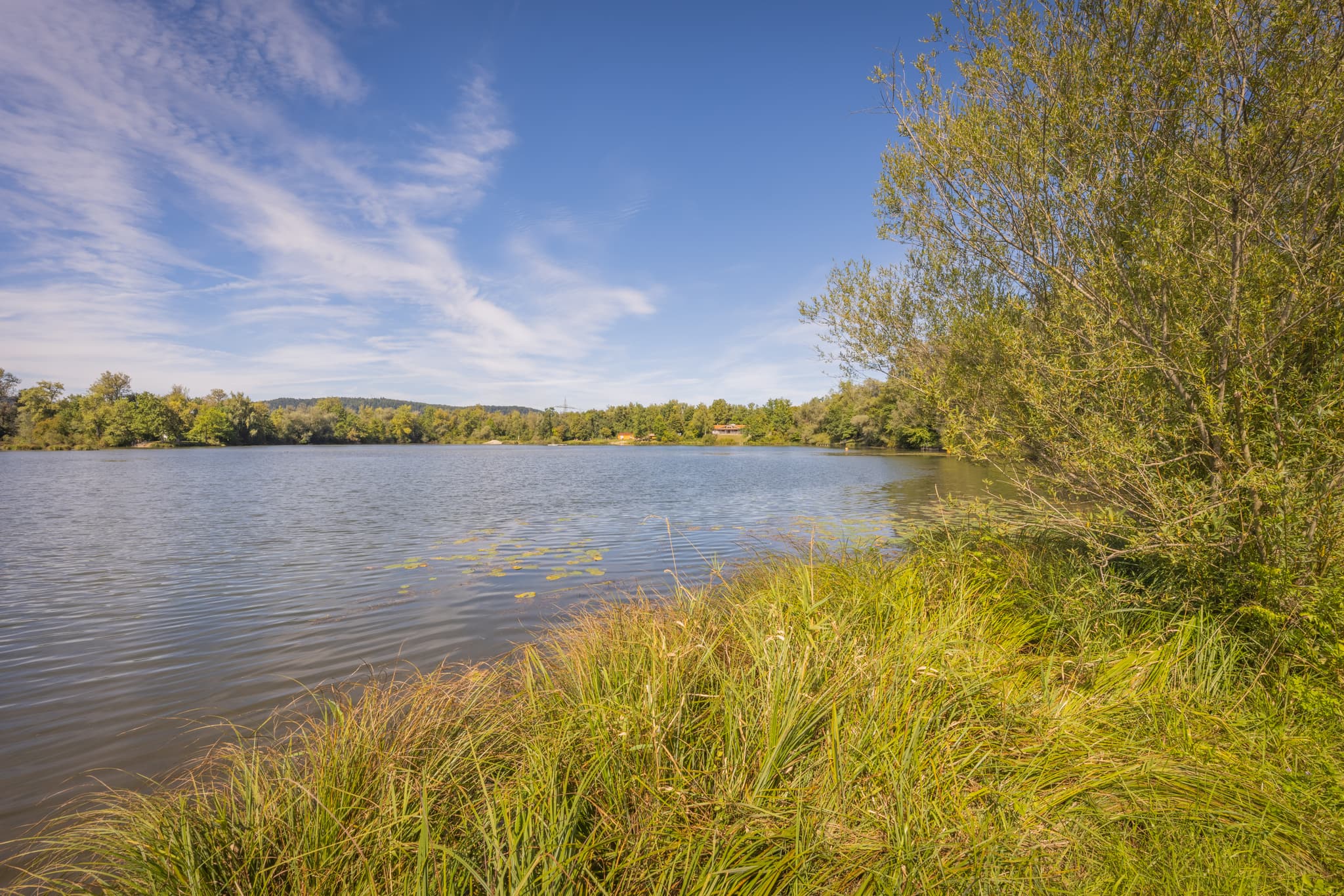 Badesee, Waldsee Lago im Sommer bei Kirchdorf am Inn, Rottal-Inn, Niederbayern. Naturlandschaft im Bäderdreieck, zeigt ruhiges Wasser und grüne Ufervegetation.