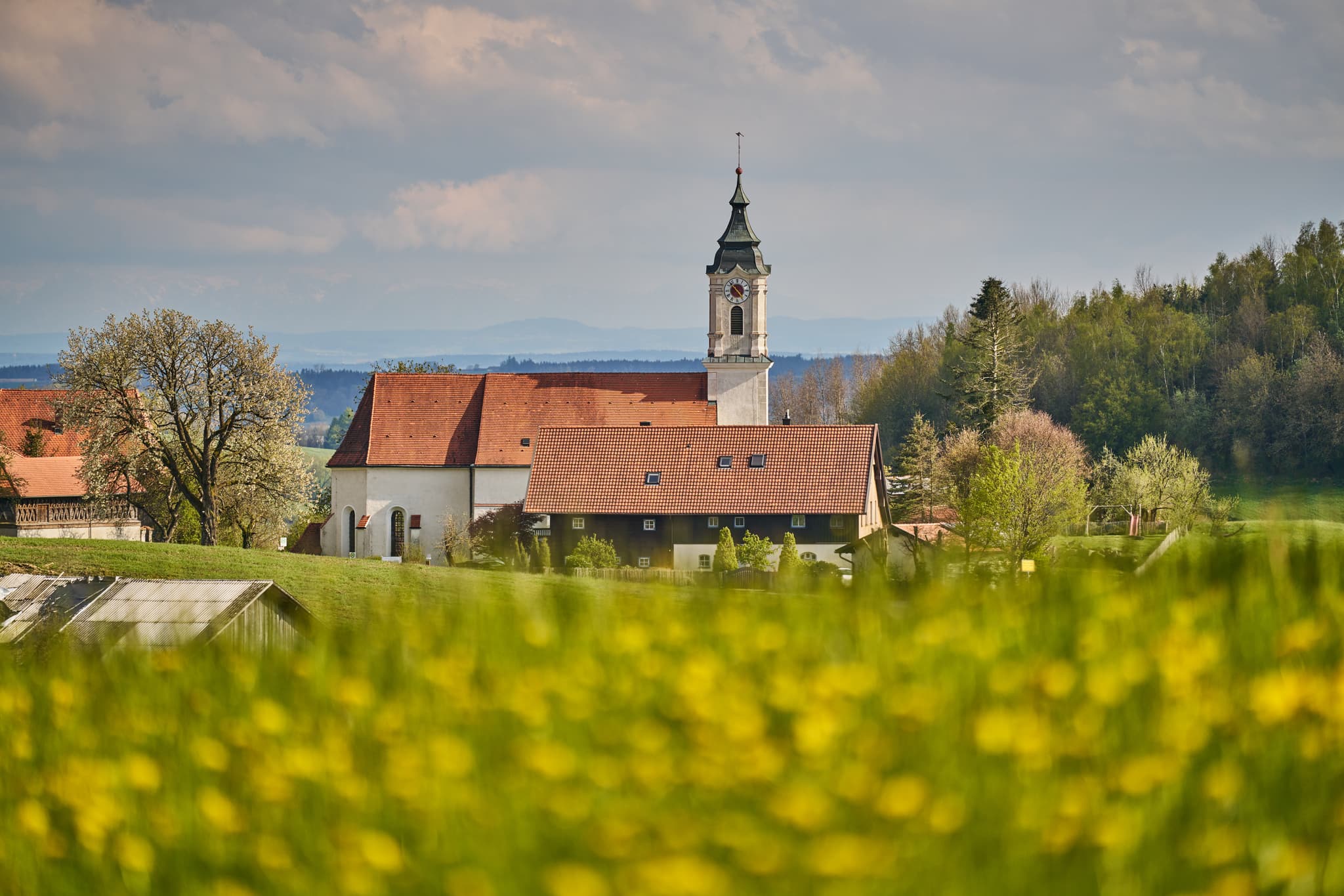 Malerische Kirche St. Wolfgang im Frühling, umgeben von blühenden Wiesen bei Bad Griesbach im Rottal. Landkreis Passau, Niederbayern, Deutschland.