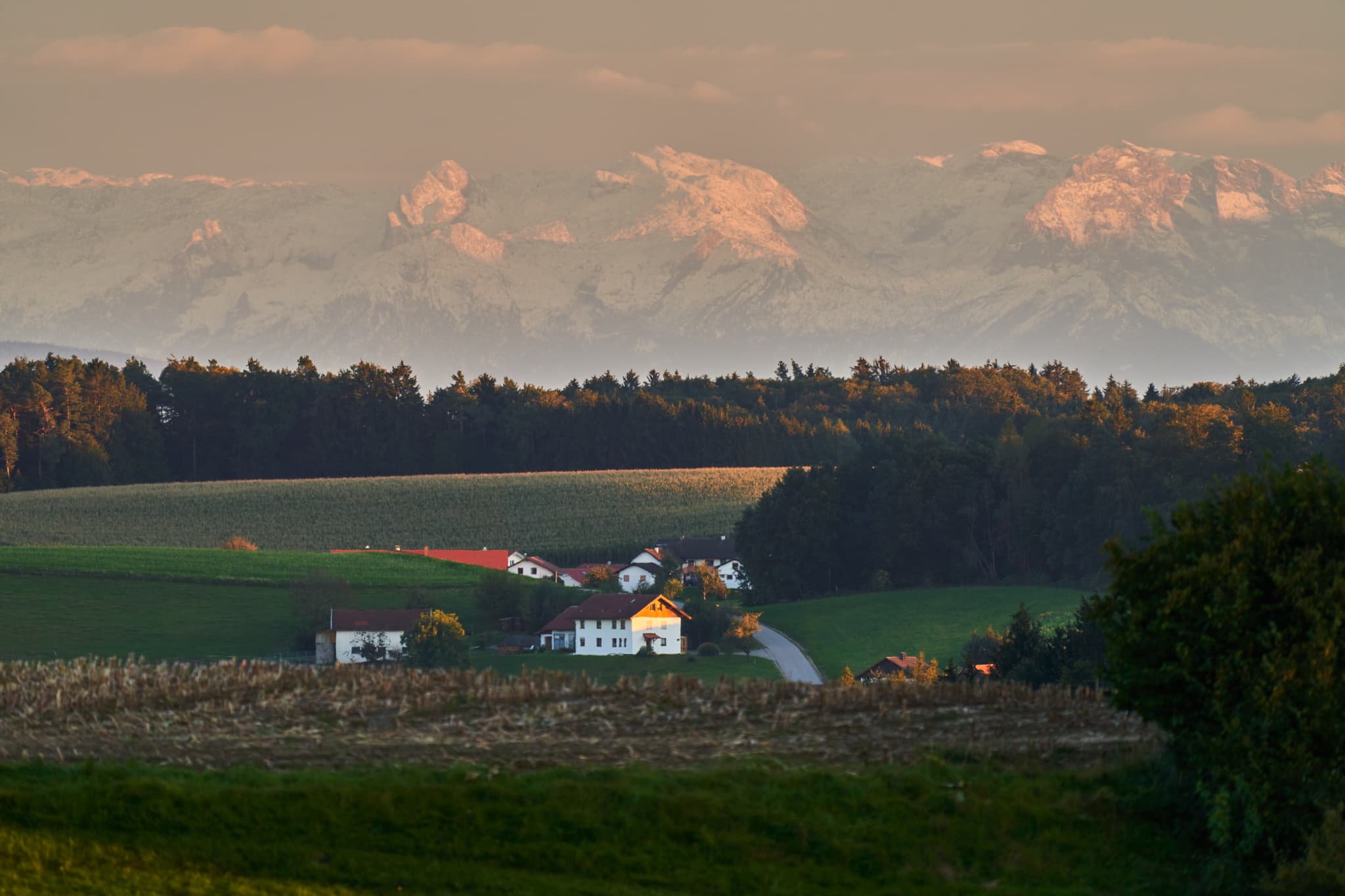 Landschaftsblick von Hoheneck, Reischach, Landkreis Altötting, Oberbayern, Deutschland. Die Region Inn-Salzach zeigt Hügel, Felder, Gehöfte und Alpen.
