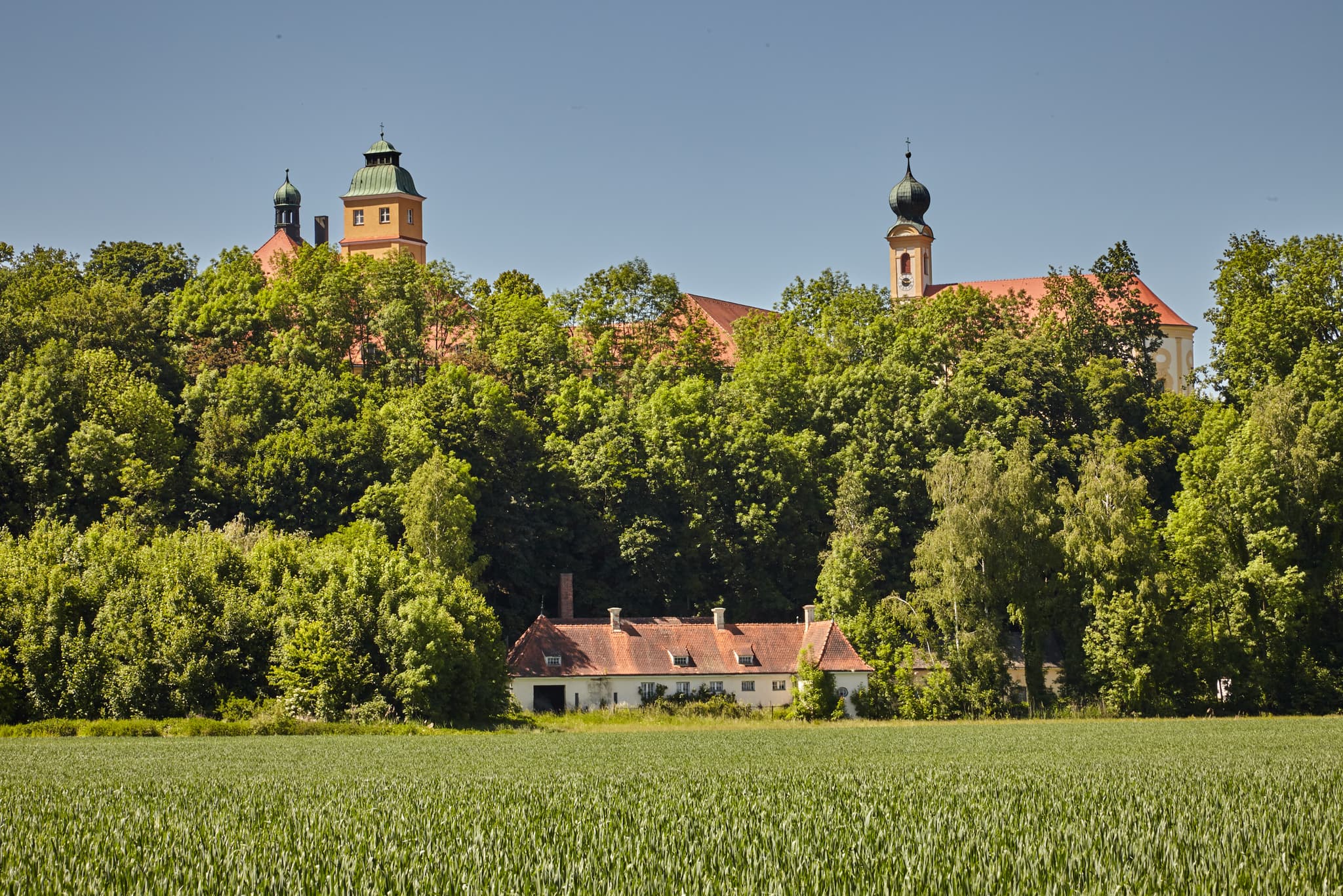 Blick auf Ecksberg, Mühldorf am Inn, Oberbayern. Historische Gebäude auf bewaldetem Hügel, darunter weites Feld. Landschaftstypisch für Inn-Salzach.