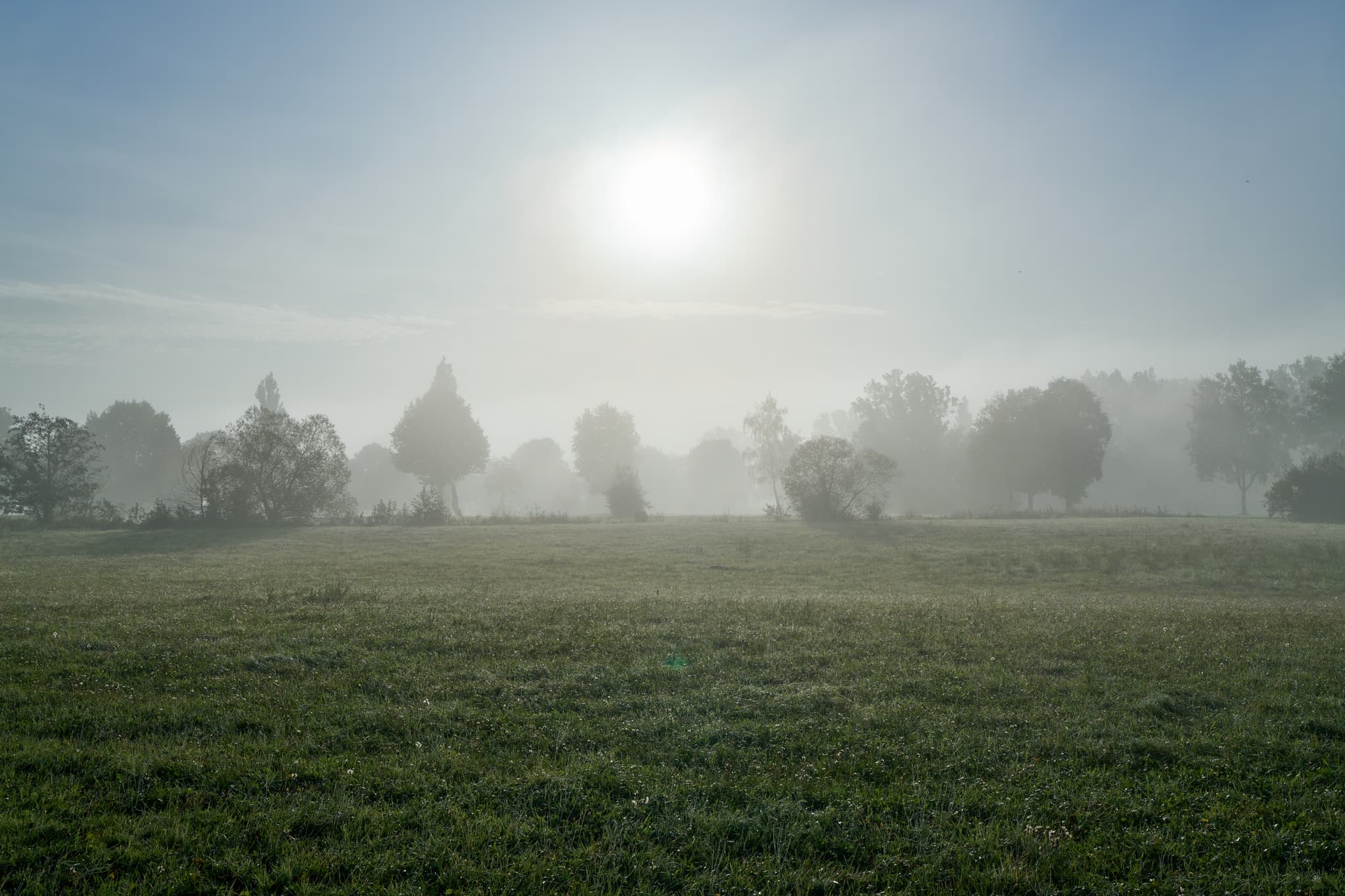 Ansicht einer Kirche in Postmünster, Rottal-Inn, Niederbayern, eingehüllt in dichten Morgennebel. Eine ländliche Szene im Holzland.