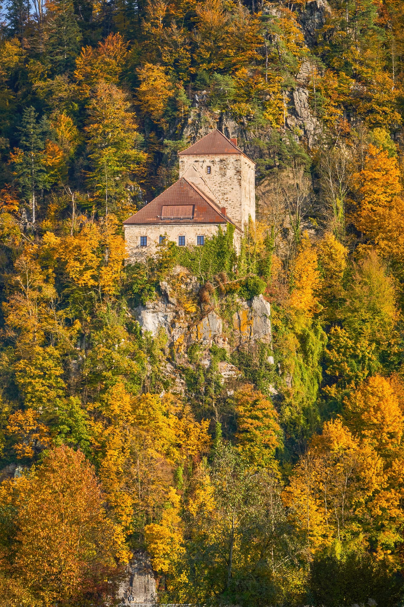 Burg Krempelstein auf Felsen im Herbstwald. Malerischer Blick bei Erlau (Obernzell), Landkreis Passau, Niederbayern, Deutschland. Teil des Bayerischen Waldes.