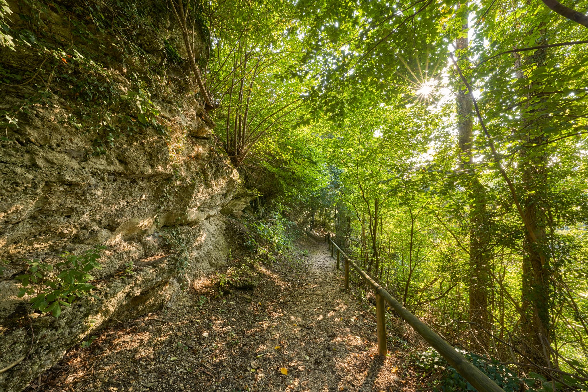 Idyllischer Fußweg in Margarethenberg, Burgkirchen a.d. Alz, Oberbayern. Der Pfad in führt entlang entlang des Hangs durch einen Wald.