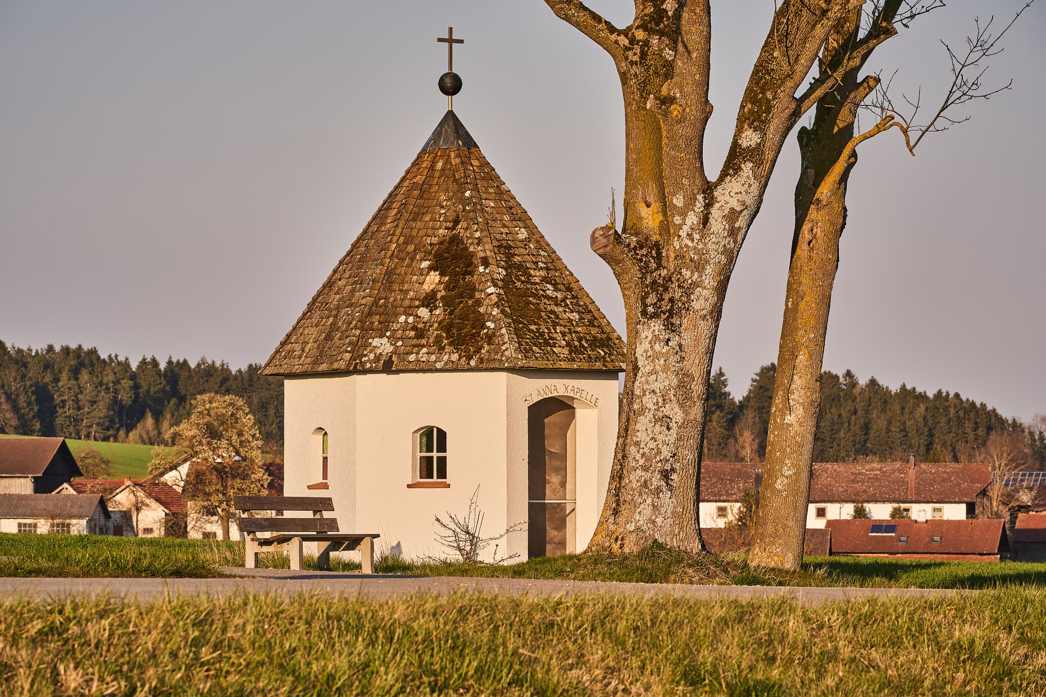 Kapelle St. Anna mit Baum in Feldlandschaft bei Martinskirchen, Wurmannsquick, Landkreis Rottal-Inn, Niederbayern, Holzland, Deutschland.