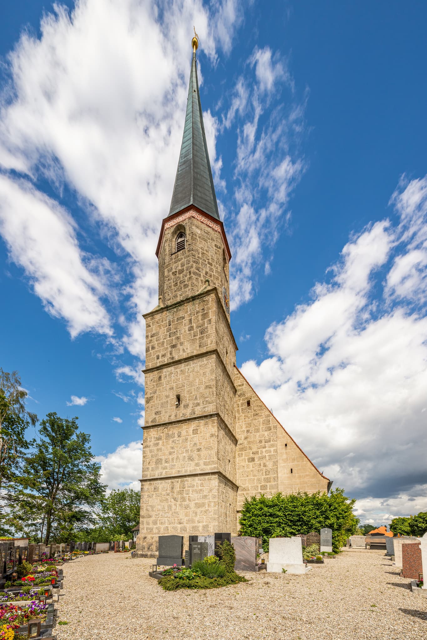 Pfarrkirche St. Staphan, Mauerberg, Außenansicht architektonnisch, Kirchturm, Gemeinde Garching, Landkreis Altötting, Oberbayern, Bayern, Deutschland
