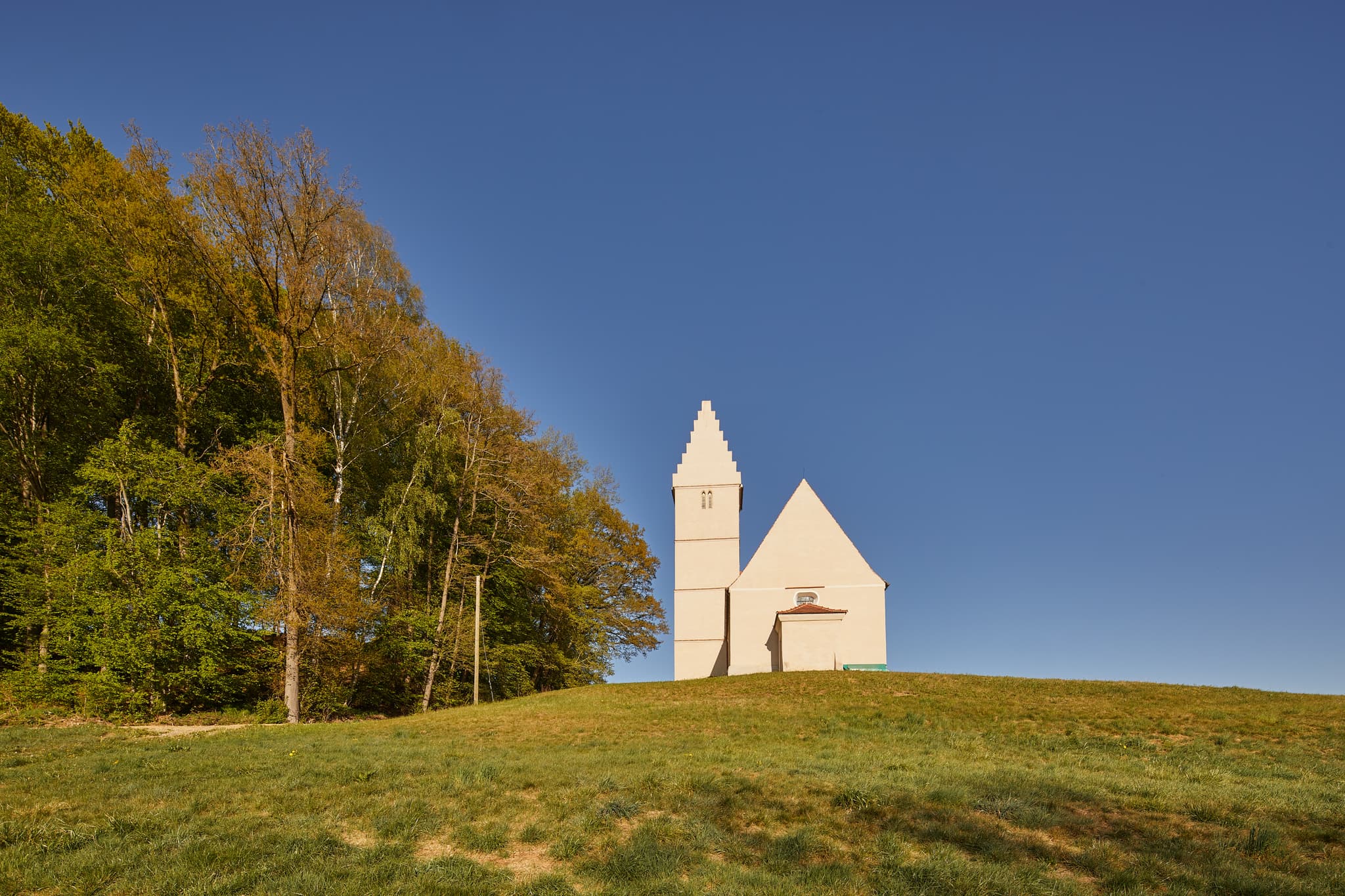 Sigrün Kirche in Pleiskirchen, Landkreis Altötting, Oberbayern, Inn-Salzach, Bayern, Deutschland. Die kleine Landkirche umgeben von Feldern am Wald.