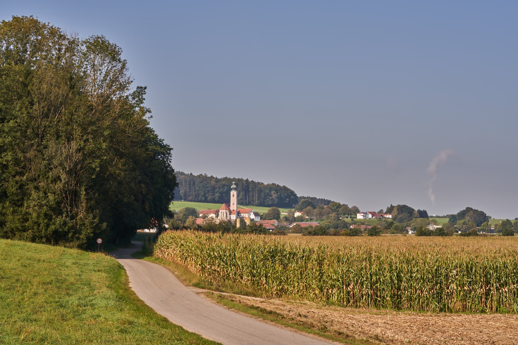 Weg durch Maisfelder bei Badhöring, Gemeinde Mehring. Im Hintergrund der Ort mit Kirchturm. Die Landschaft liegt im Landkreis Altötting, Region Inn-Salzach
