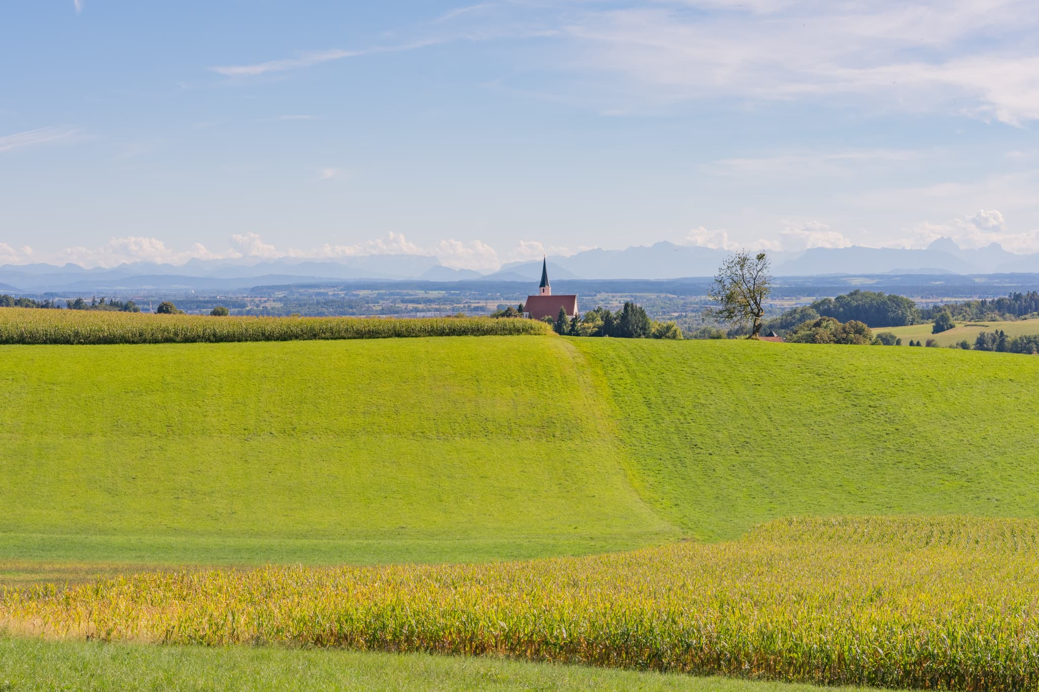 Pfarrkirche St. Georg und Urban in Stubenberg, Rottal-Inn, Niederbayern, Deutschland. Ländliche Hügellandschaft im Holzland mit Feldern, Alpenblick.