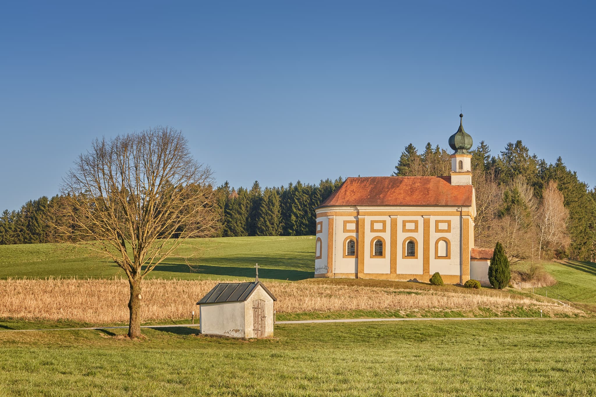 Niederaich Kirche in Pleiskirchen, Landkreis Altötting, Oberbayern, Inn-Salzach, Bayern, Deutschland. Kirche im schönen Licht auf einer Wiese.