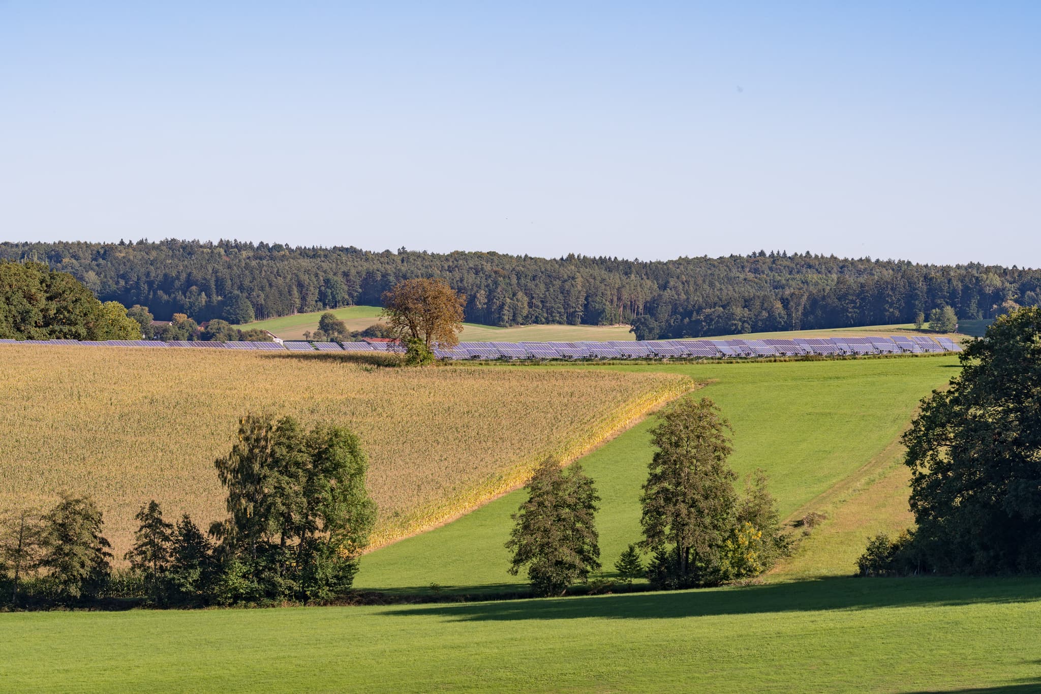 Landschaft in Baumgarten, Dietersburg (Rottal-Inn, Niederbayern, Deutschland). Grüne Wiesen und Photovoltaikanlage prägen das Bild der Region Holzland.