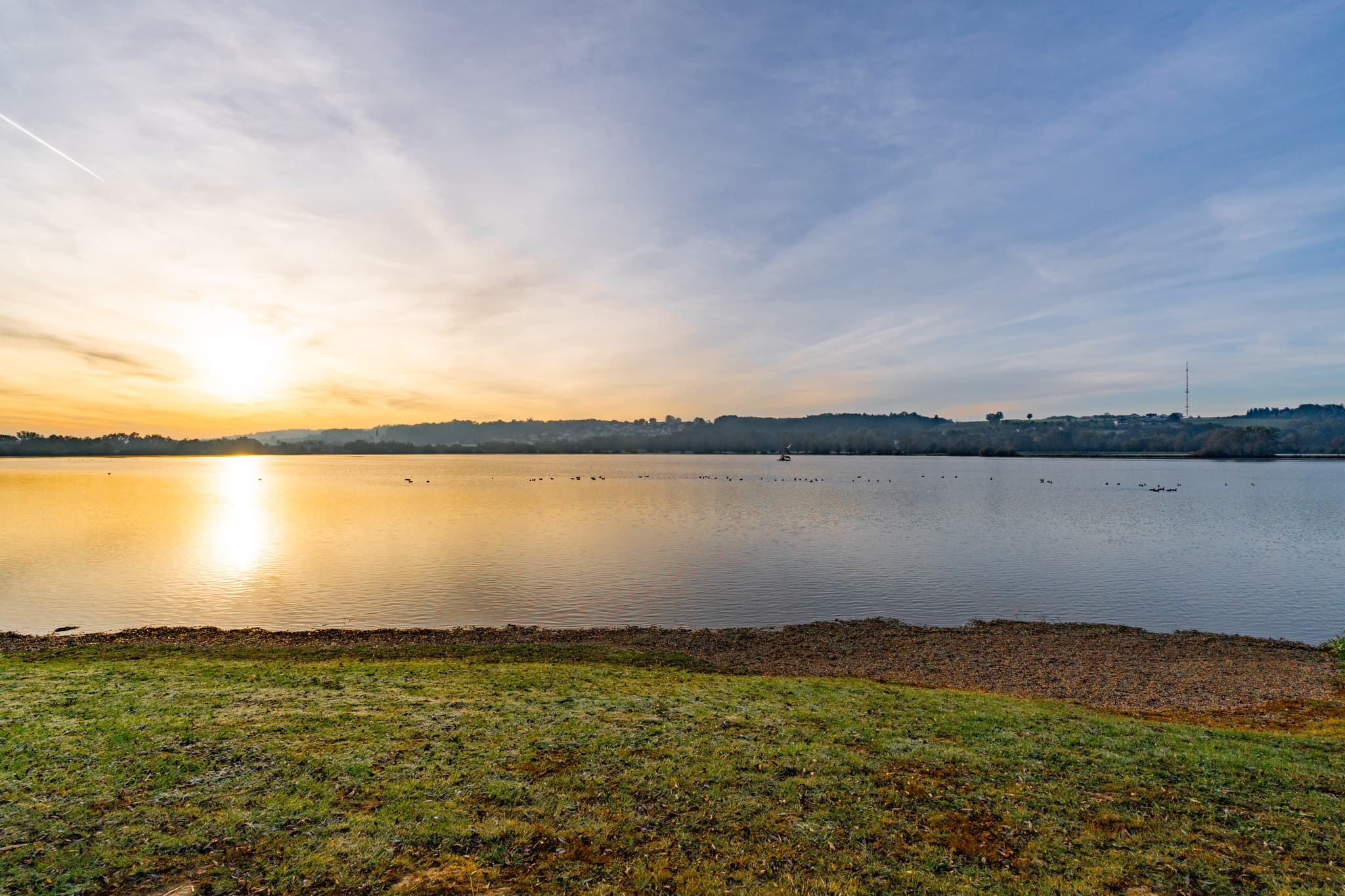 Rauttauen Stausee bei Postmünster, Rottal-Inn, Niederbayern. Seeansicht im Bäderdreieck, Deutschland. Landschaft mit Wasser und bewaldetem Uferbereich.