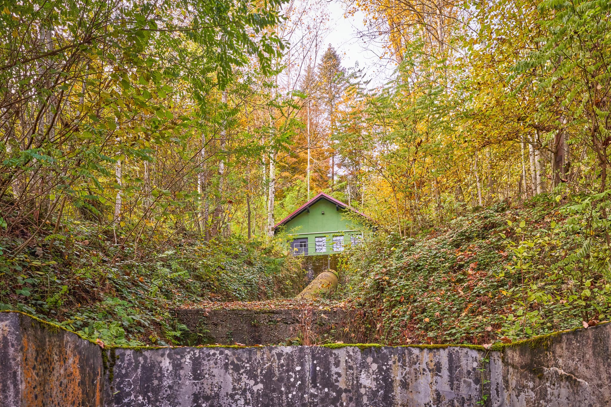 Kraftwerksanlage in Erlau Erlautal, Obernzell, Landkreis Passau, Niederbayern. Von herbstlichem Wald umgeben im Bayerischen Wald, Deutschland.