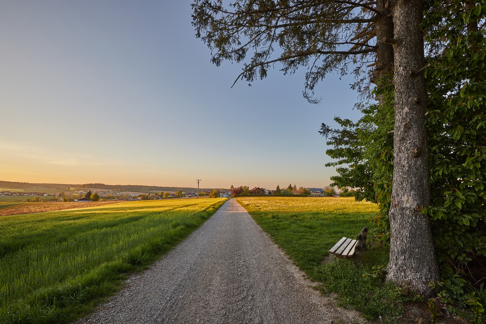 Idyllisches Bild von Atzberg bei Mitterskirchen in Niederbayern, Deutschland. Sonnenuntergang über grünen Feldern und einem Feldweg. Ruhige Atmosphäre.