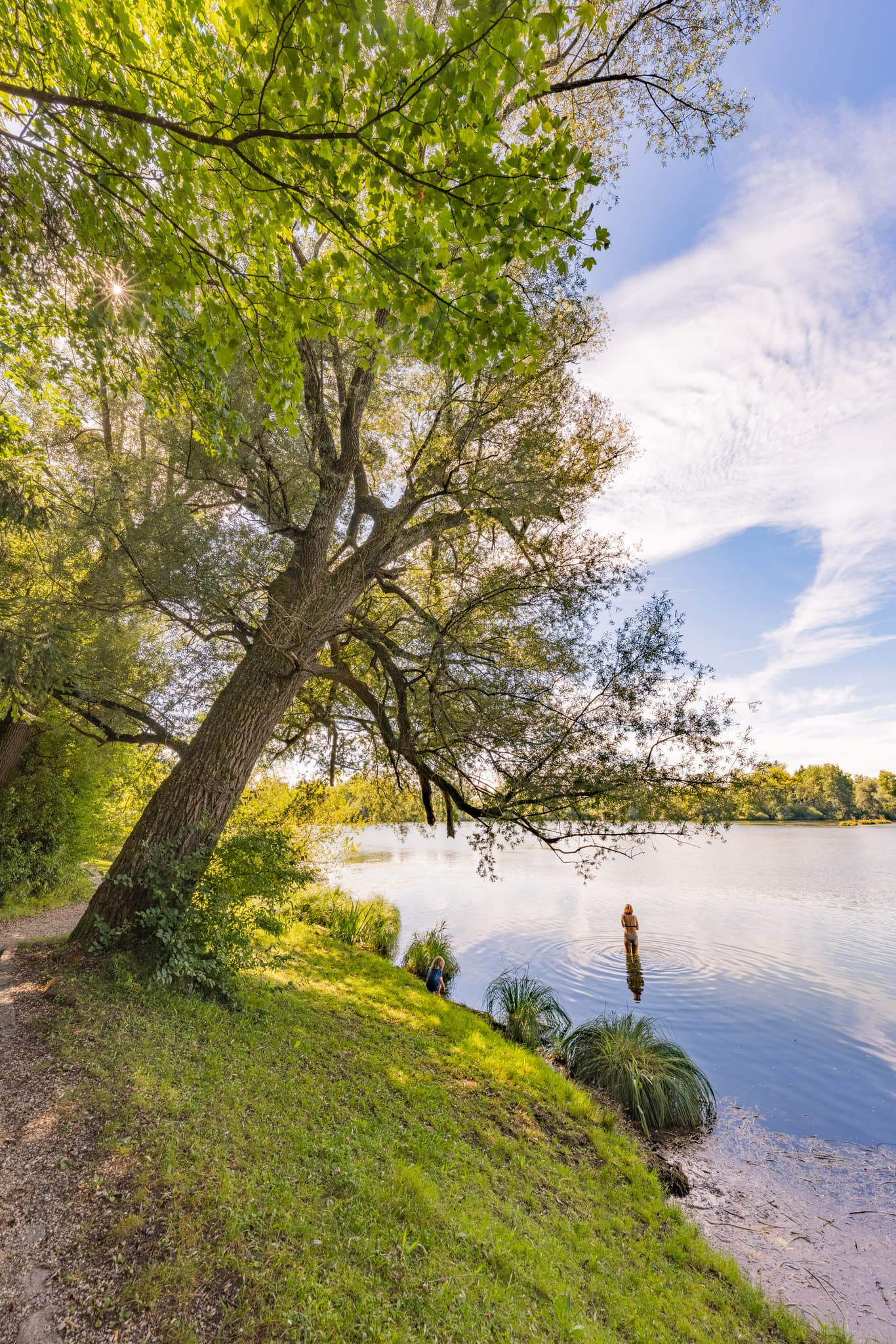 Badesee in Kirchdorf am Inn, Rottal-Inn, Niederbayern. Idyllische Naturlandschaft im Bäderdreieck, Deutschland. Sonnenlicht auf Seeufer, Baum und klarem Wasser.
