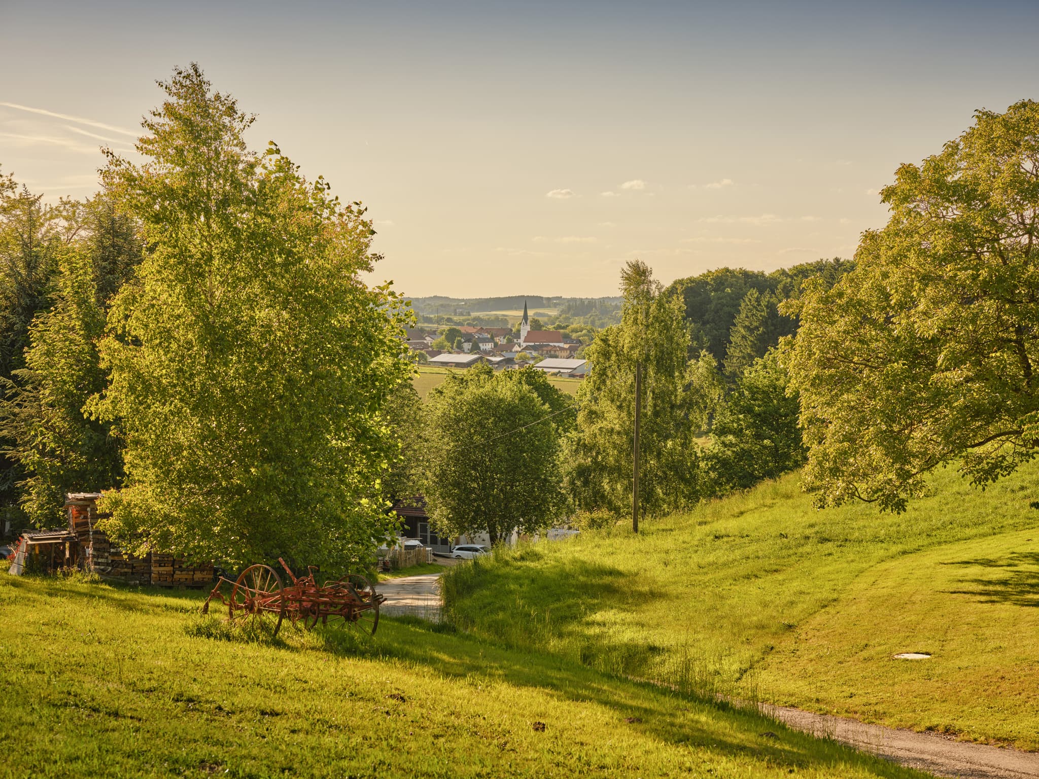 Waldberg Richtung Arbing, Reischach, Landkreis Altötting, Oberbayern, Deutschland.  Alte Landmaschine am Hang in der Region Inn-Salzach.