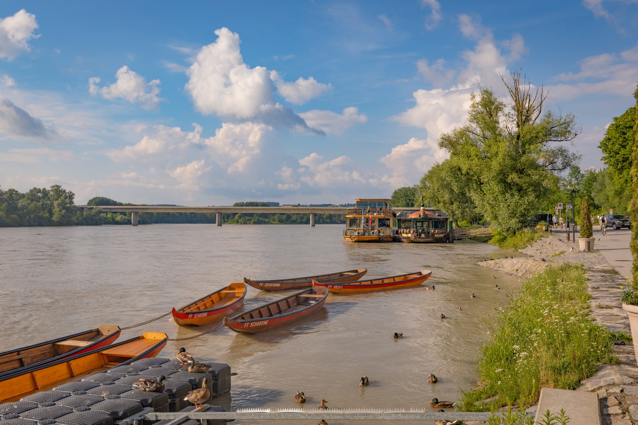 Bootsanleger in Schärding im Bezirk Ried, Oberösterreich. Das Bild zeigt Schiffe und Boote auf dem Inn, Österreich.