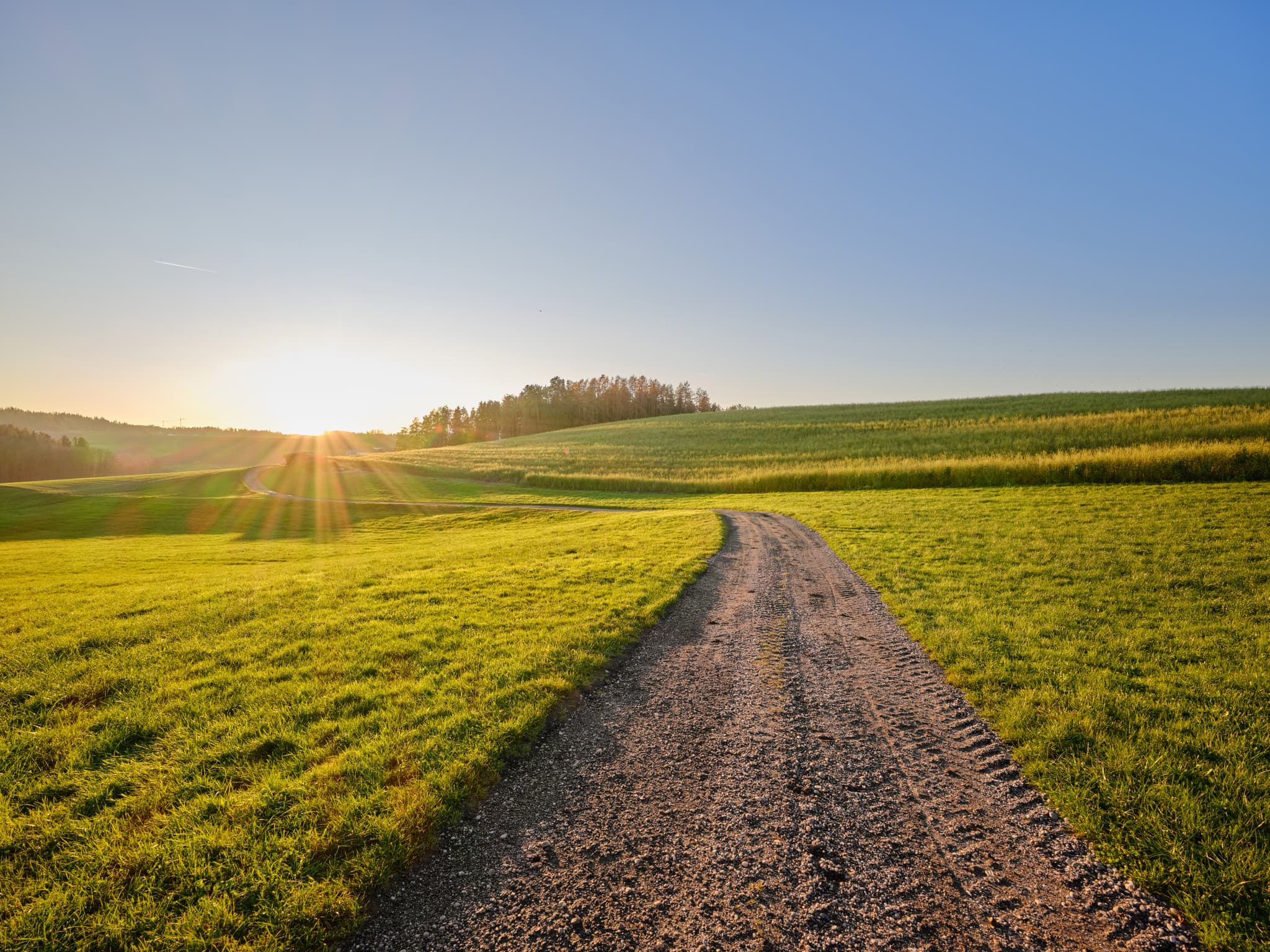 Landschaft mit Feldweg, grünen Wiesen und Hügeln in Weingarten, Gemeinde Reischach, Landkreis Altötting, Oberbayern, Holzland