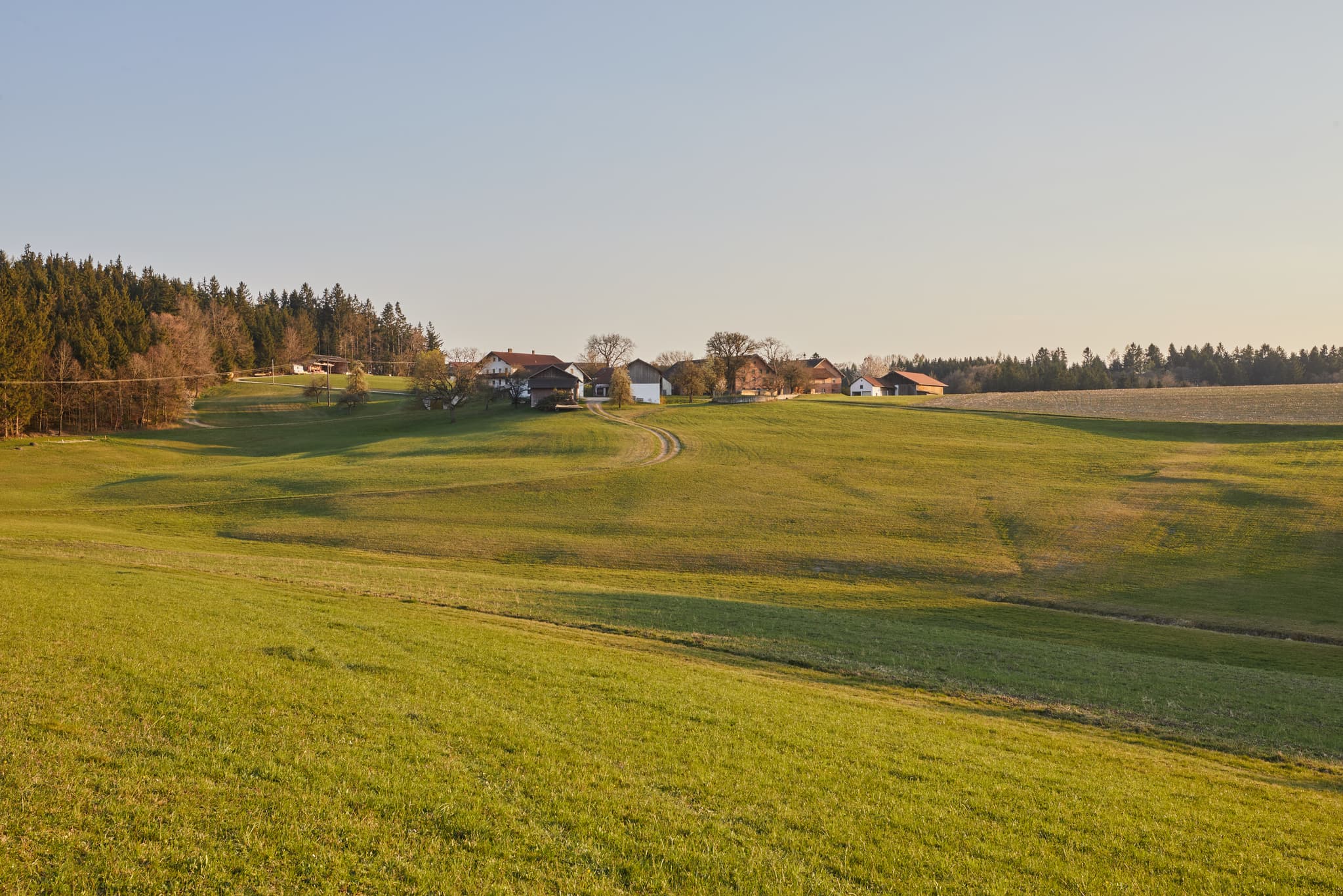 Ländliche Landschaft bei Weiher mit sanften Hügeln, Feldern und vereinzelten Häusern, nahe Arbing, Gemeinde Reischach, Landkreis Altötting.