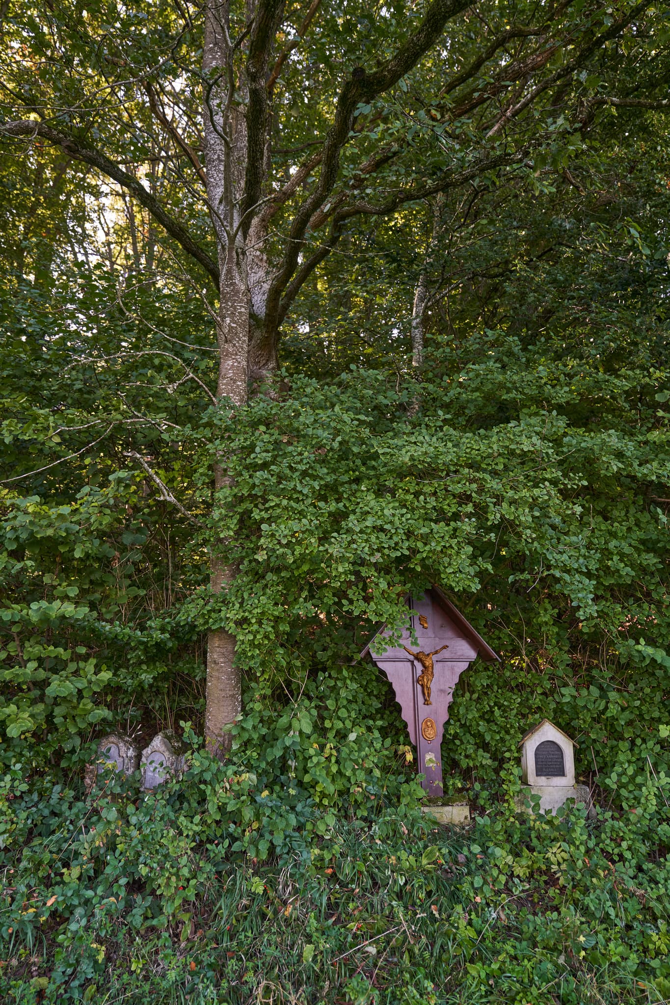 Wegkreuz am St.-Rupert-Pilgerweg bei Kastl im Landkreis Altötting, Oberbayern. Motiv aus der Region Inn-Salzach, Deutschland, eingebettet in grüne Natur.