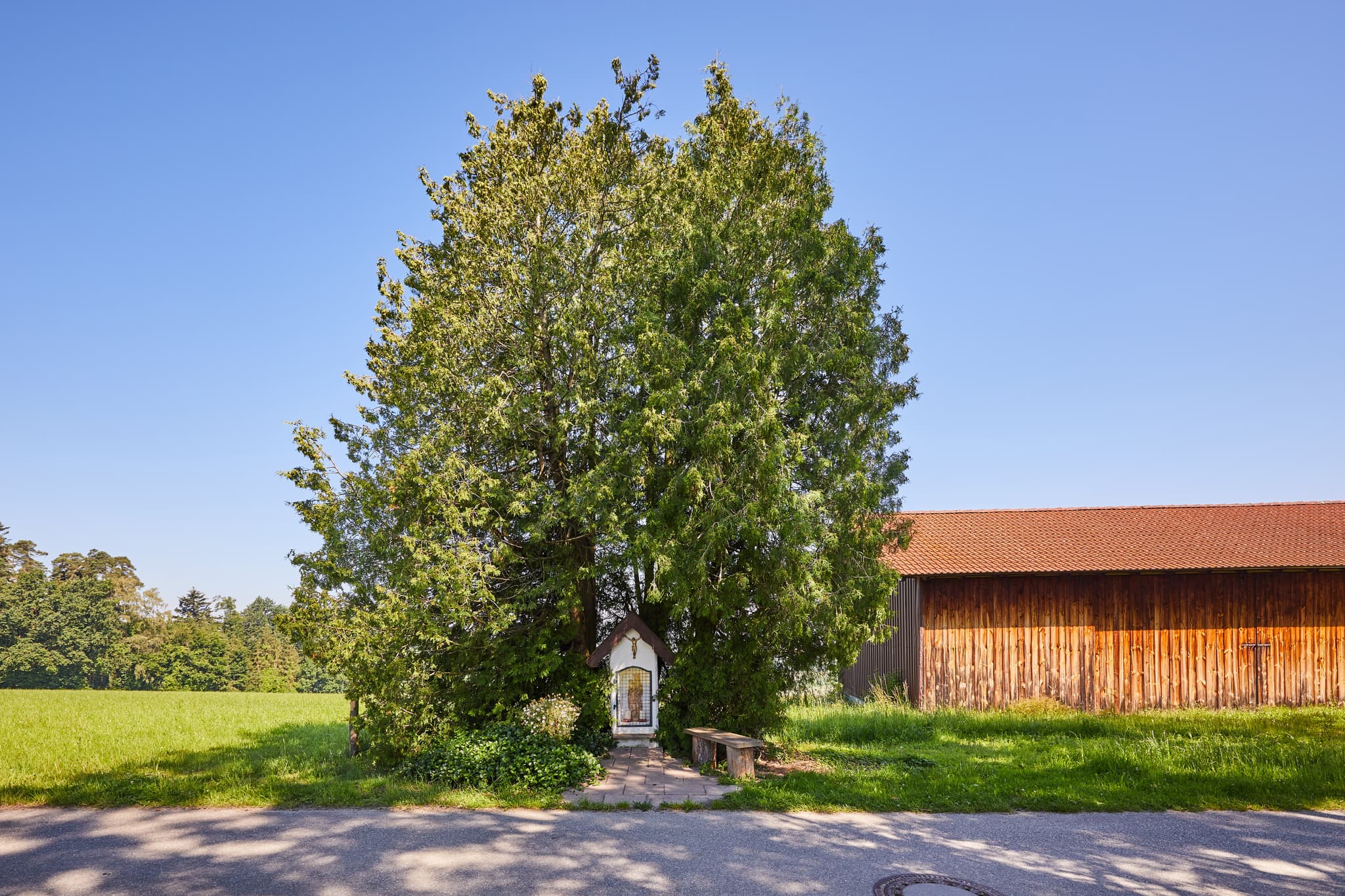 Bildstock unter einem Baum in Glatzberg, Heldenstein. Ländliche Landschaft im Landkreis Mühldorf am Inn, Oberbayern, Deutschland, prägt die Inn-Salzach Region.