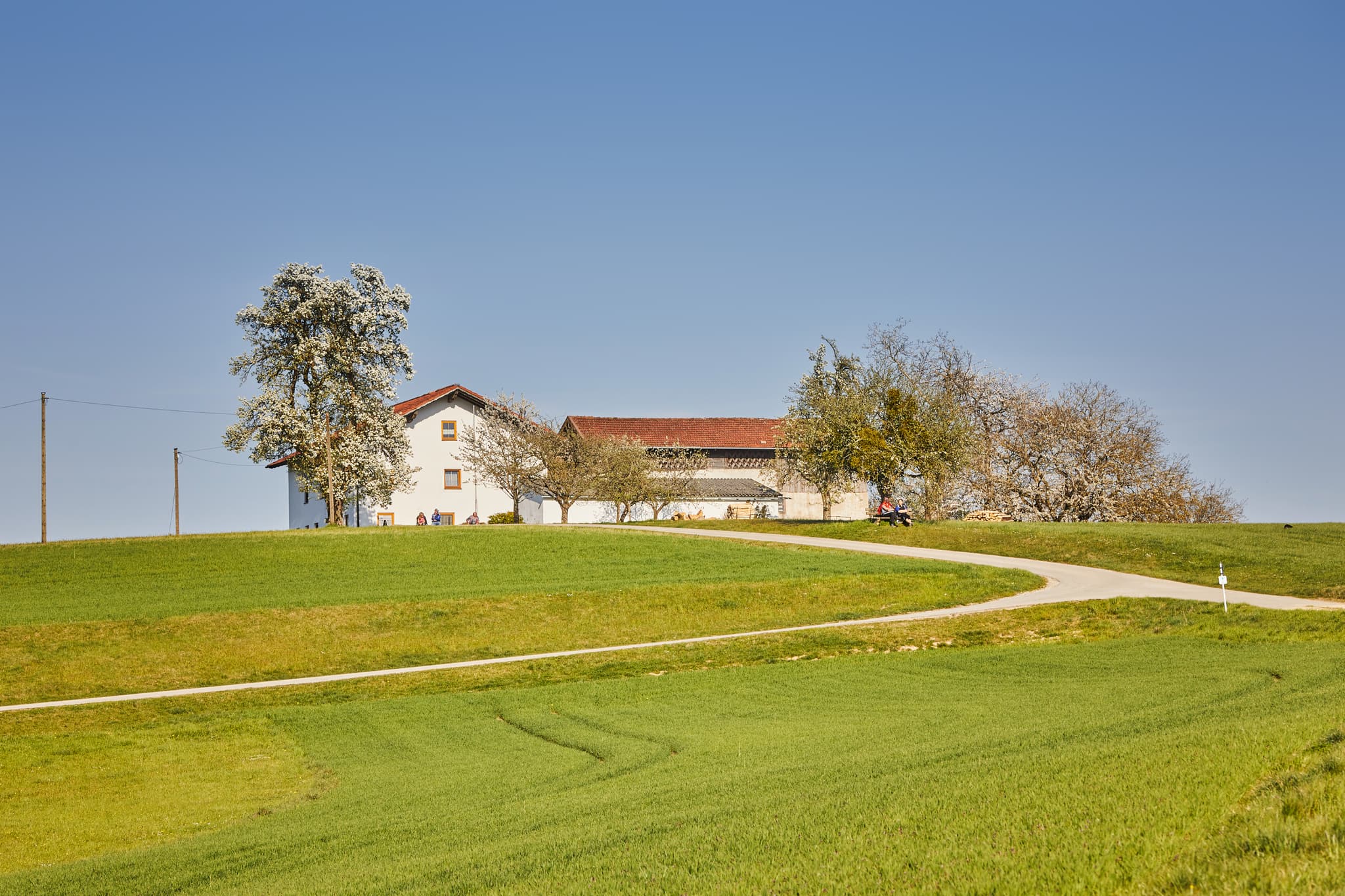 Ländliche Szenerie am Anzenberg bei Berg, Gemeinde Perach, Landkreis Altötting, Oberbayern. Bauernhof mit Feldern in der Inn-Salzach Region, Deutschland.