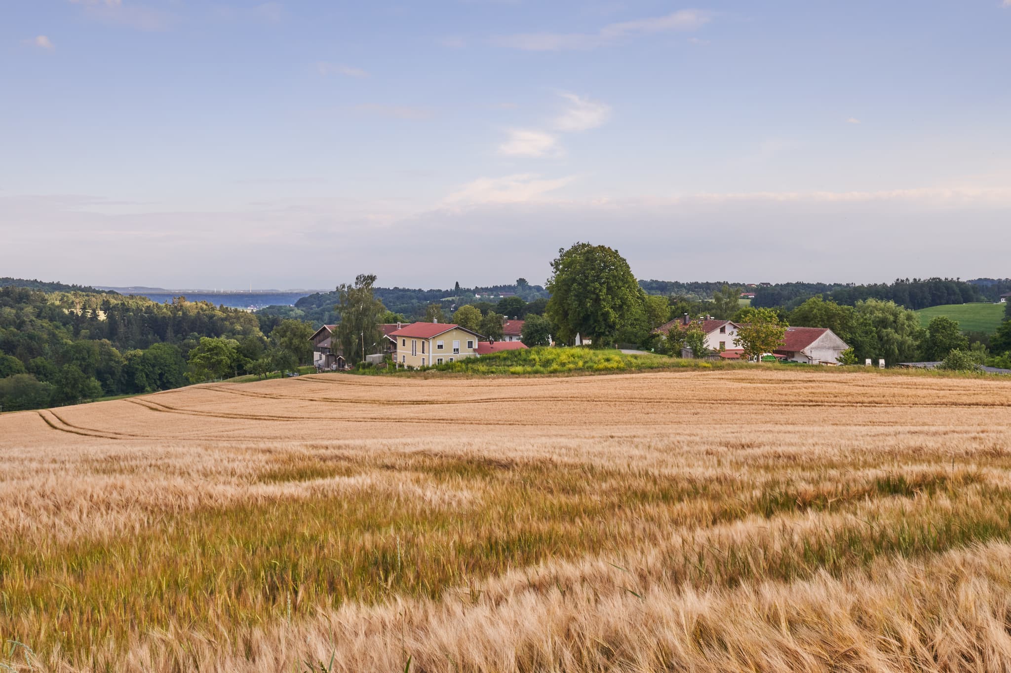 Ländliches Landschaftsbild mit weiten Feldern in Großillenberg, Gemeinde Reischach, im Landkreis Altötting, Oberbayern, Deutschland.