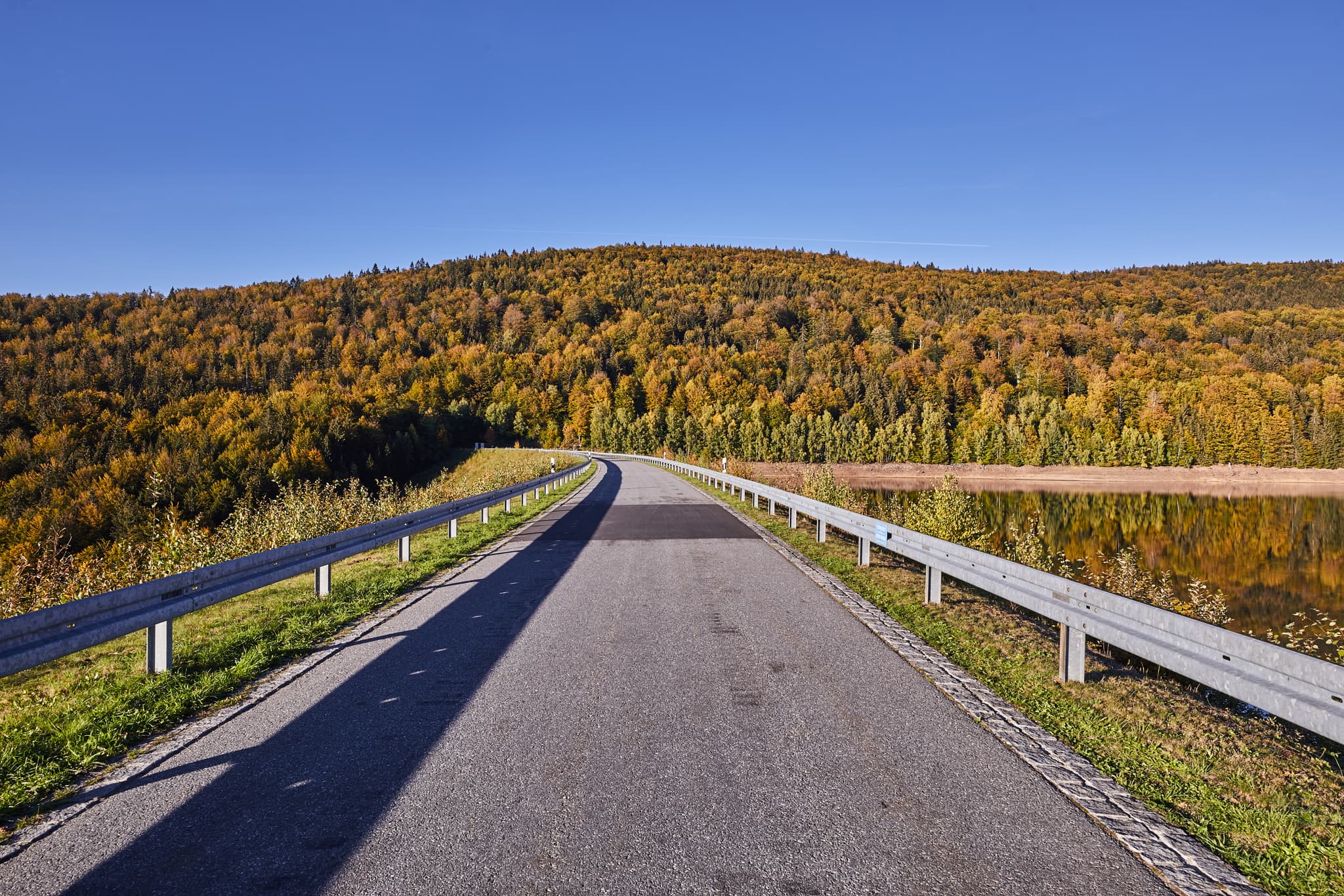 Straße entlang Trinkwassertalsperre bei Frauenau, Landkreis Regen, Niederbayern. Herbstliche Landschaft Bayerischer Wald, Deutschland.