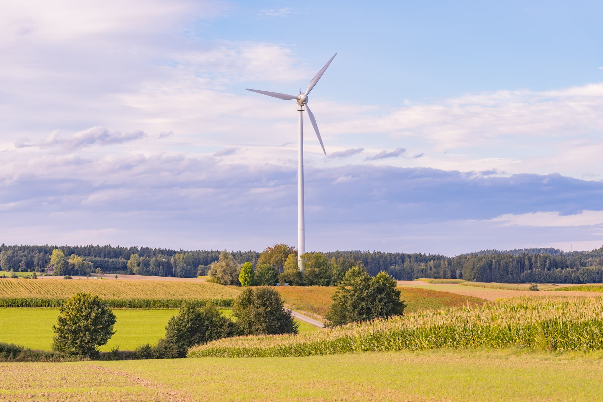 Windrad des Windparks Dirnaich, Gangkofen im Landkreis Rottal-Inn, Niederbayern. Felder und Hügel im Holzland, Deutschland.