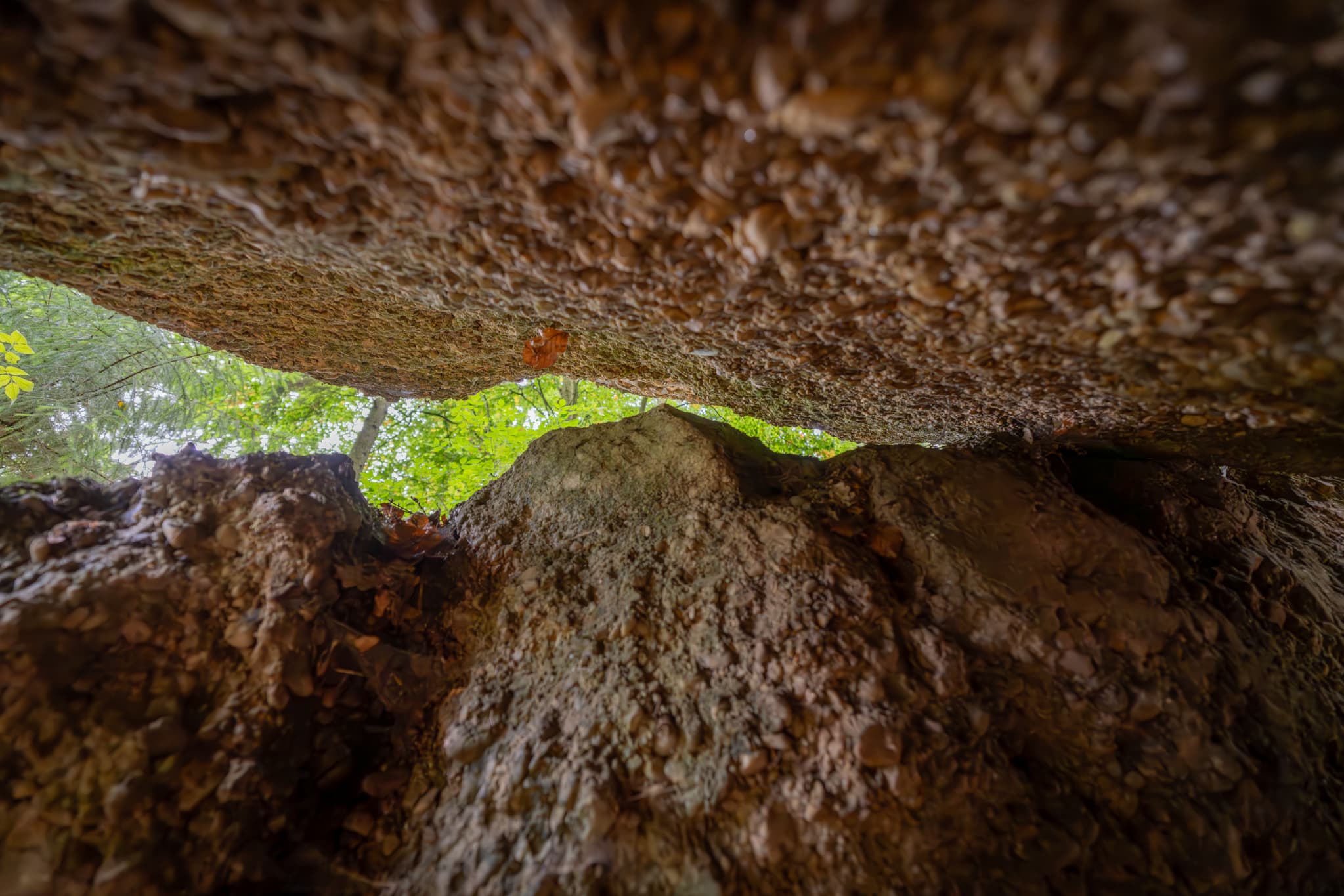 Felsmalereien am Teufelsfelsen in Bad Griesbach, Landkreis Passau, Niederbayern, Bayern, Deutschland. Das Bild zeigt Details der Felsstrukturen mit Farbreste.