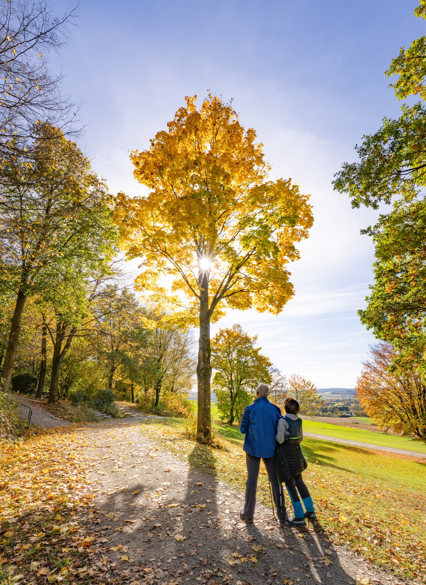 Herbst im Kurpark Bad Griesbach, Landkreis Passau, Niederbayern, Deutschland. Spaziergänger genießen die goldene Jahreszeit im malerischen Bäderdreieck.