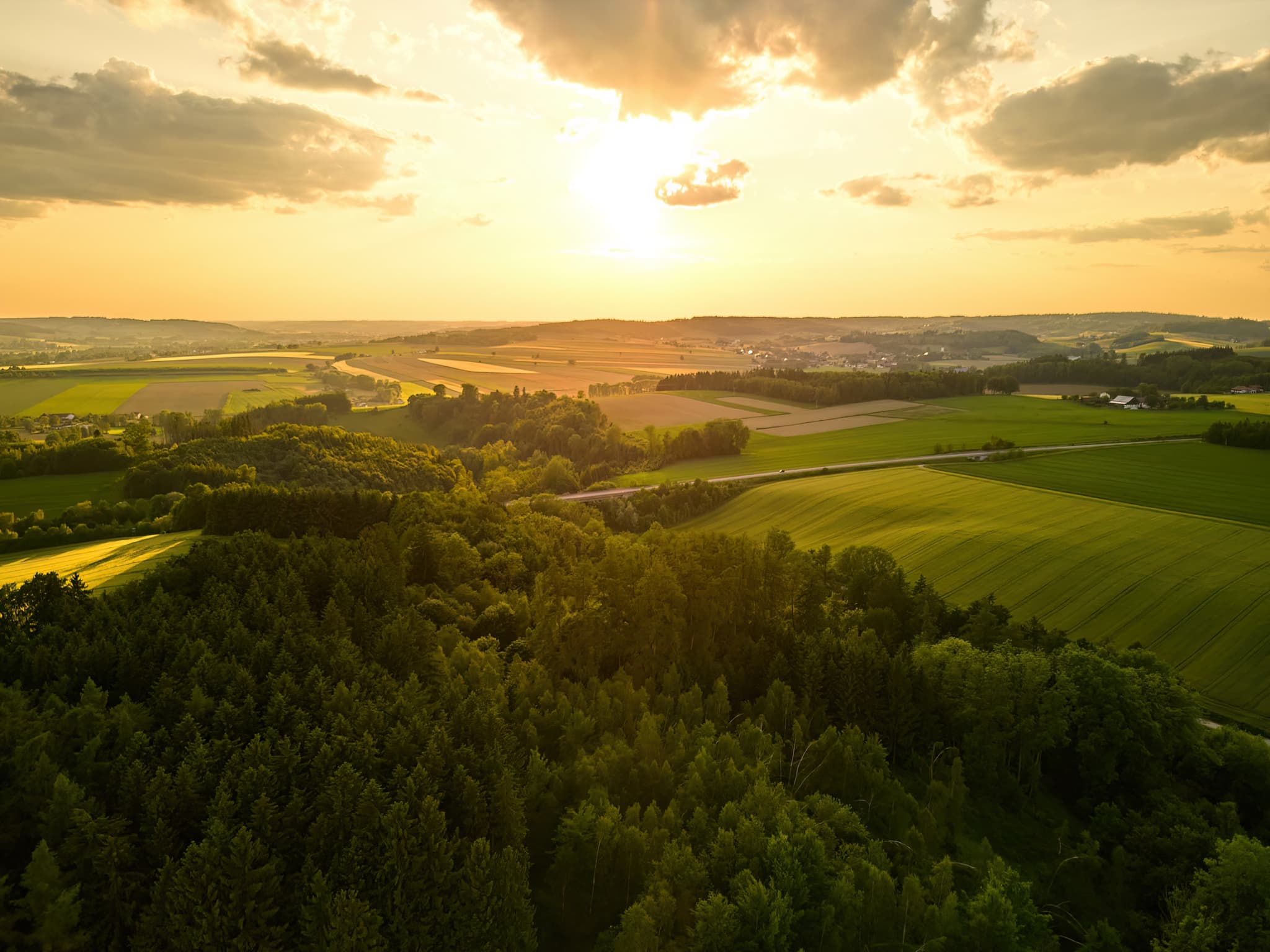 Malerisches Luftbild der Bayerischen Toskana, Bad Griesbach, Passauer Land, Niederbayern. Sanfte Hügel, grüne Felder, Wälder und eine Straße im goldenen Licht.