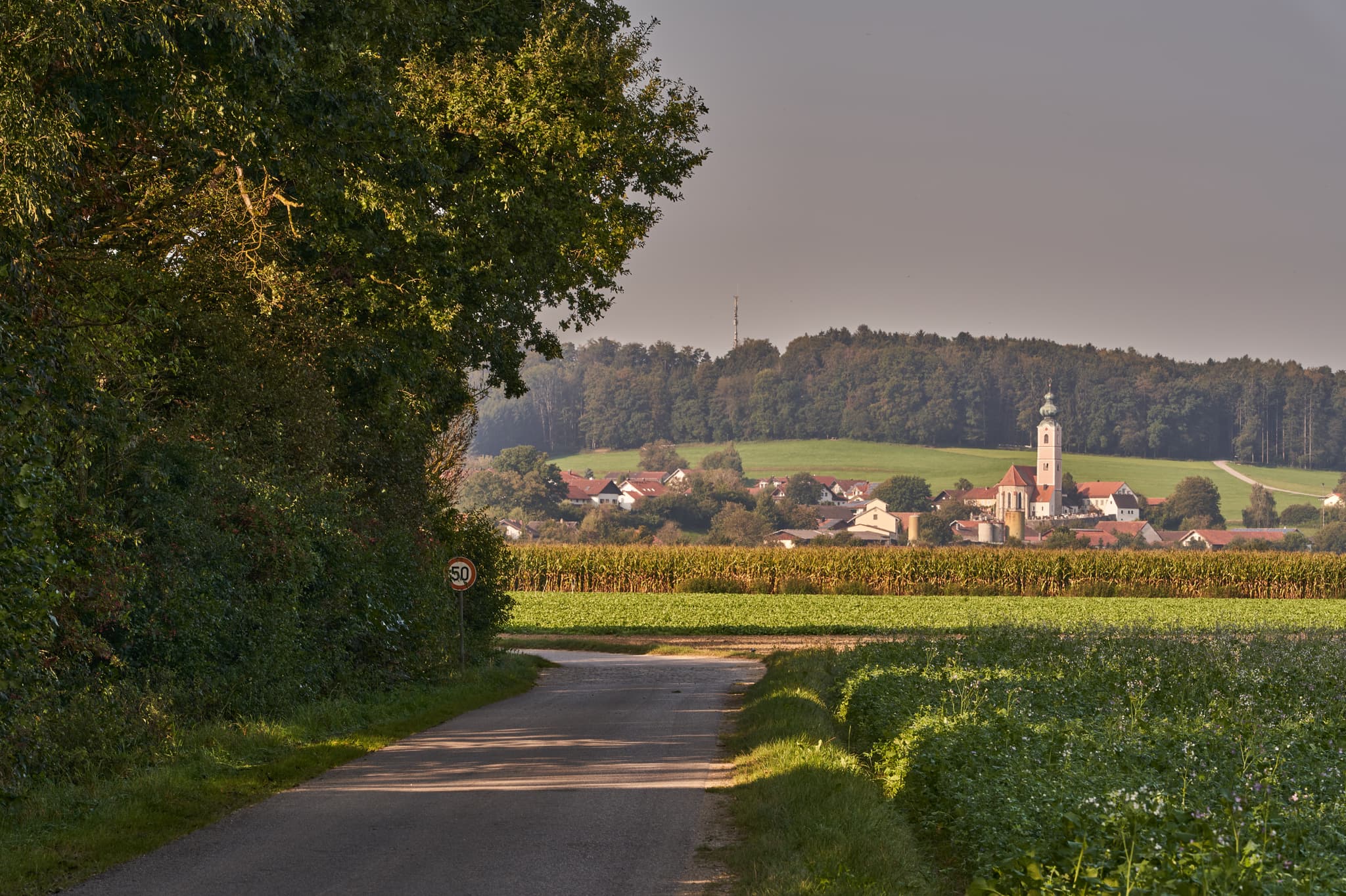 Pilgerweg bei Badhöring, Gemeinde Mehring, Landkreis Altötting, Oberbayern, Inn-Salzach, Deutschland. Ländliche Szenerie mit Feldern und der Kirche Badhörings.