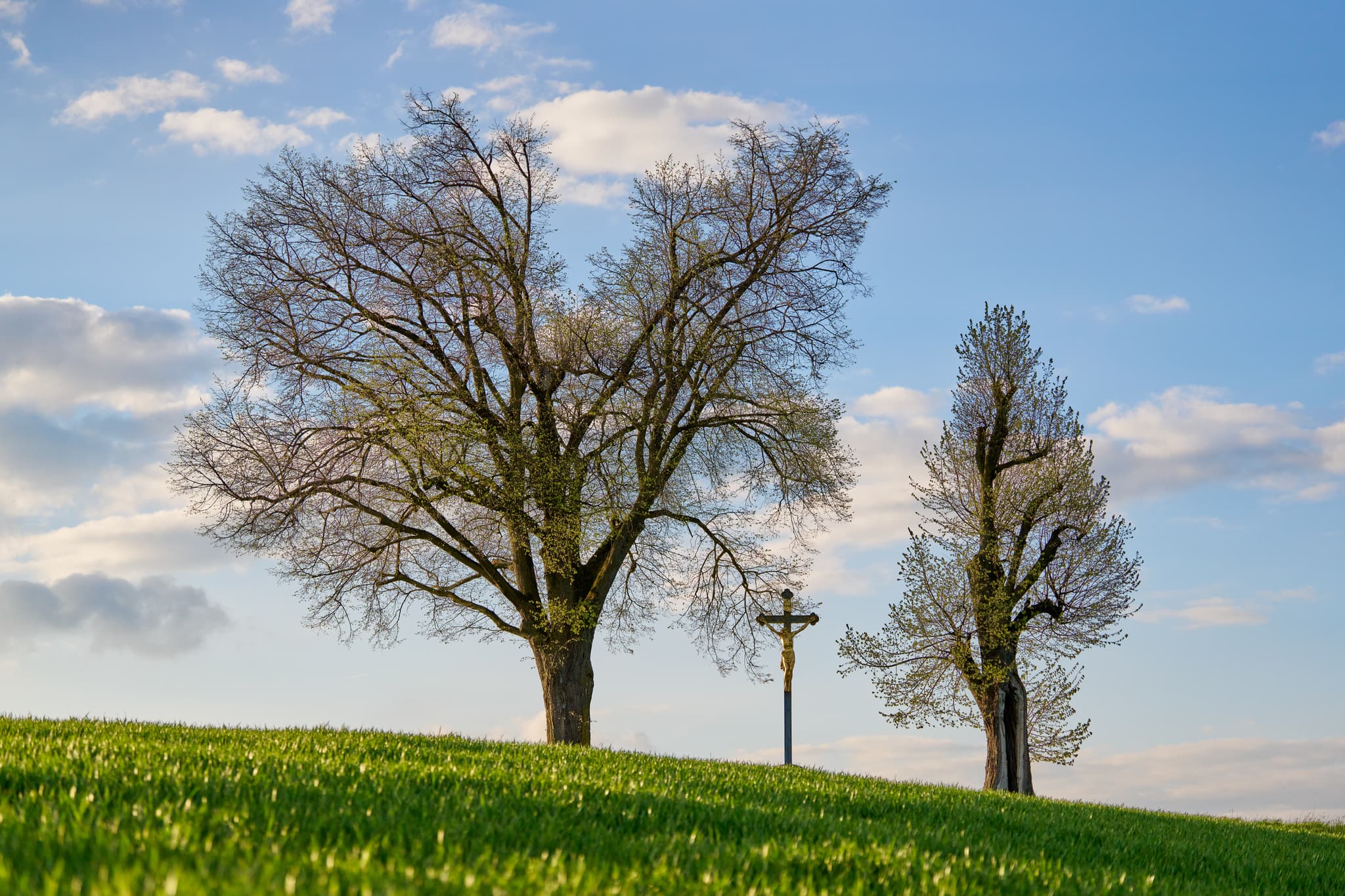 Feldkreuz am Aussichtspunkt in Karpfham, Bad Griesbach, Landkreis Passau. Idyllische Landschaft im Herzen des Bäderdreiecks in Niederbayern, Deutschland.