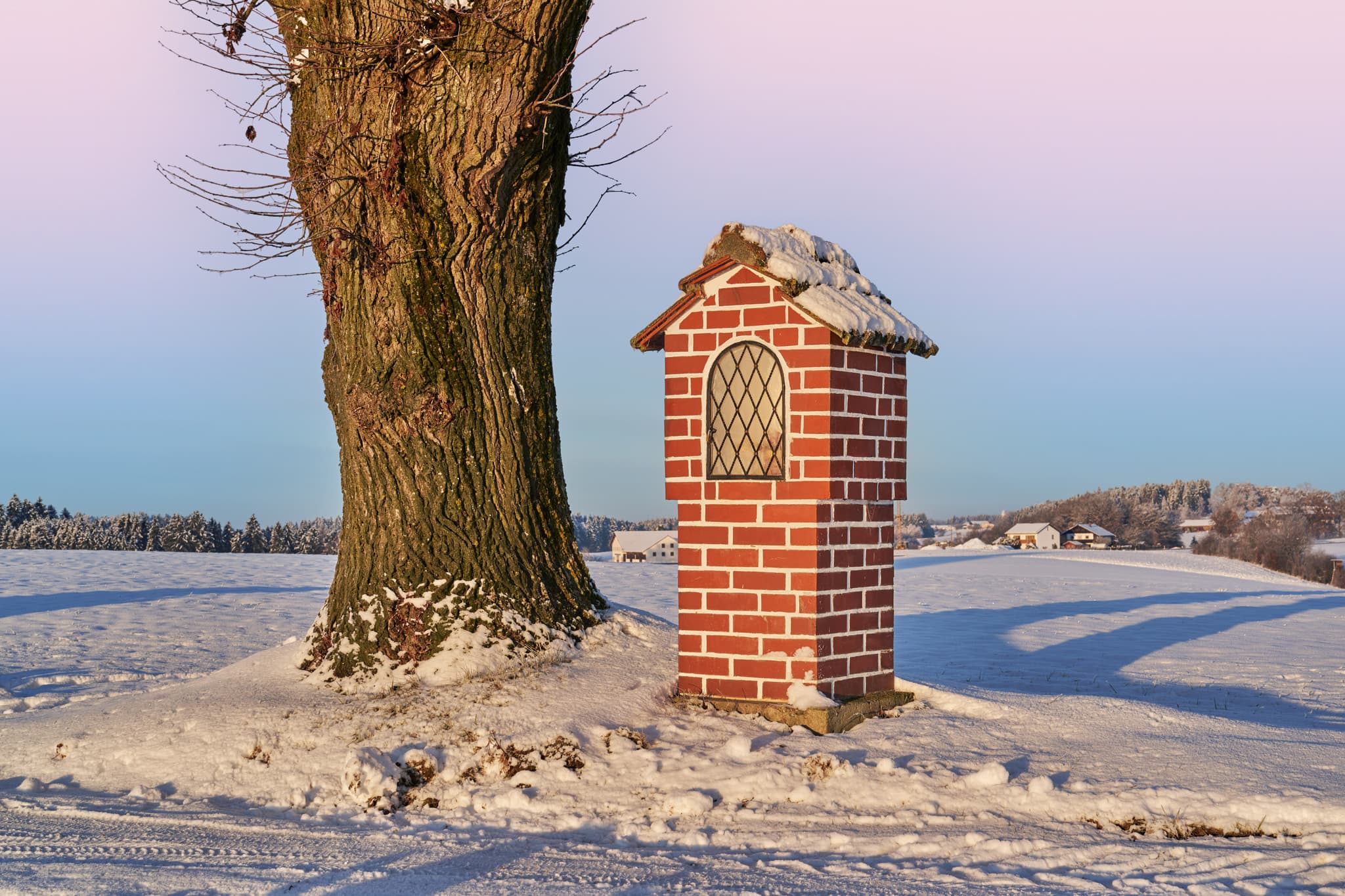 Bildstock im winterlichen Schneefeld neben Baum, aufgenommen in Wald bei Winhöring, Pleiskirchen, Landkreis Altötting, Oberbayern, Inn-Salzach, Deutschland.
