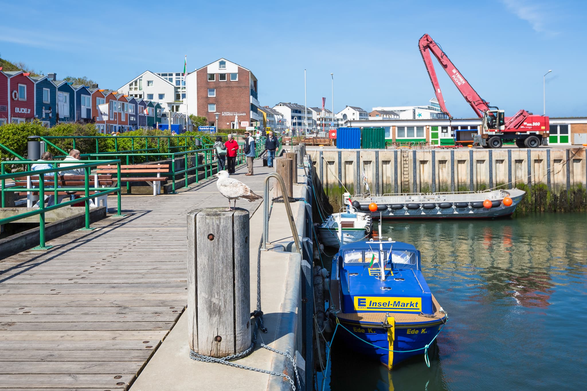 Anleger auf Helgoland, einer Insel in der Nordsee. Blick auf Boote, Möwe und Hafen mit Gebäuden. Pinneberg, Schleswig-Holstein, Nordseeküste Deutschland.