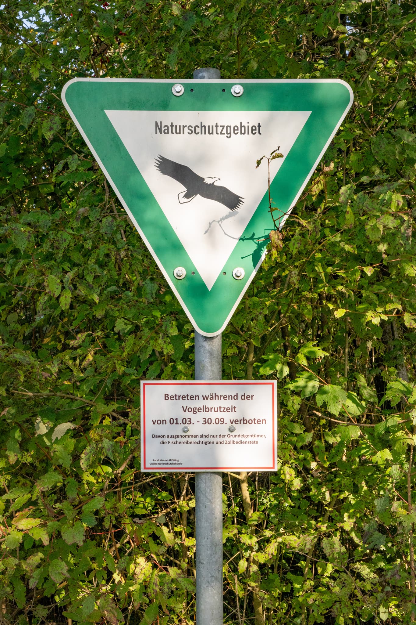 Naturschutzgebiet-Schild in Innspitz, Haiming, Altötting. Betreten während der Vogelbrutzeit verboten. Wichtiger Schutz im Inn-Salzach-Gebiet, Oberbayern