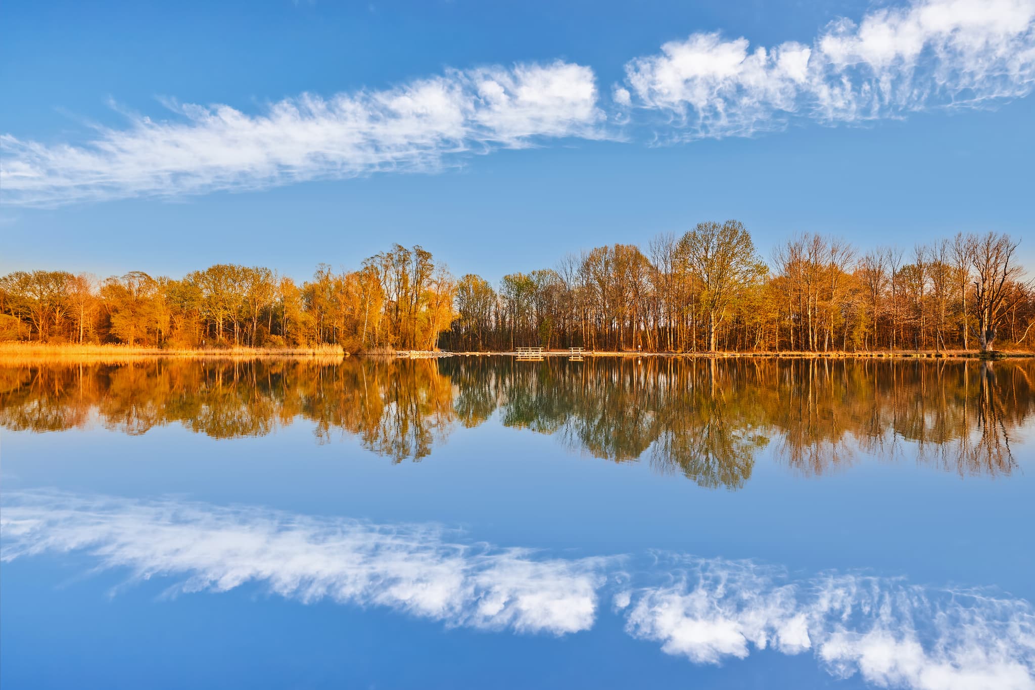 Idyllisches Bild: Perach am Inn in Oberbayern, Inn-Salzach Region, Deutschland. Spiegelung von Bäumen und Wolken im stillen Wasser. Für Naturliebhaber.