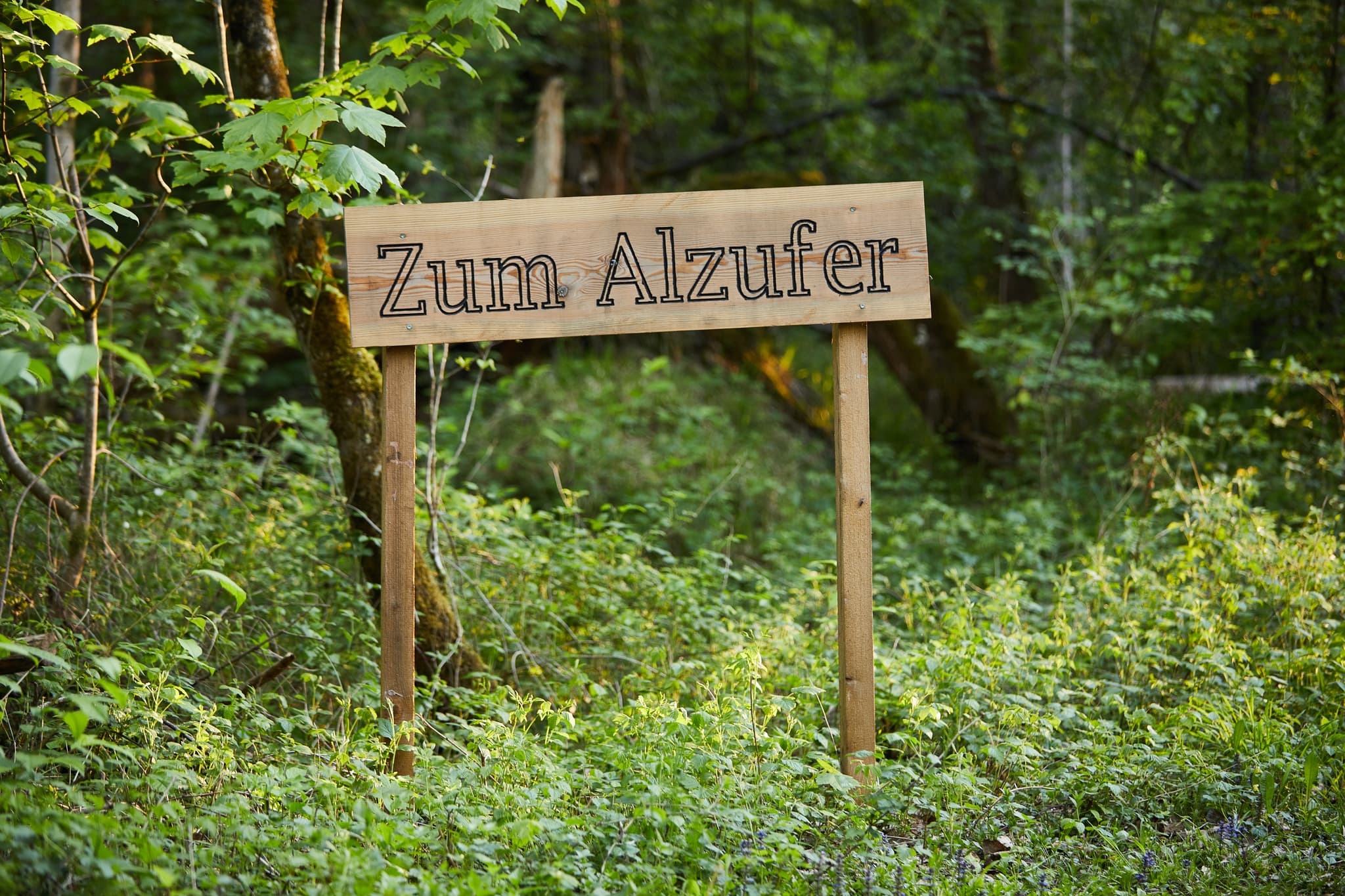 Holzwegweiser zum Alzufer im Walderlebnispfad Alz Au in Klosterau, Gemeinde Mehring, Landkreis Altötting, Oberbayern, Region Inn-Salzach, Deutschland.