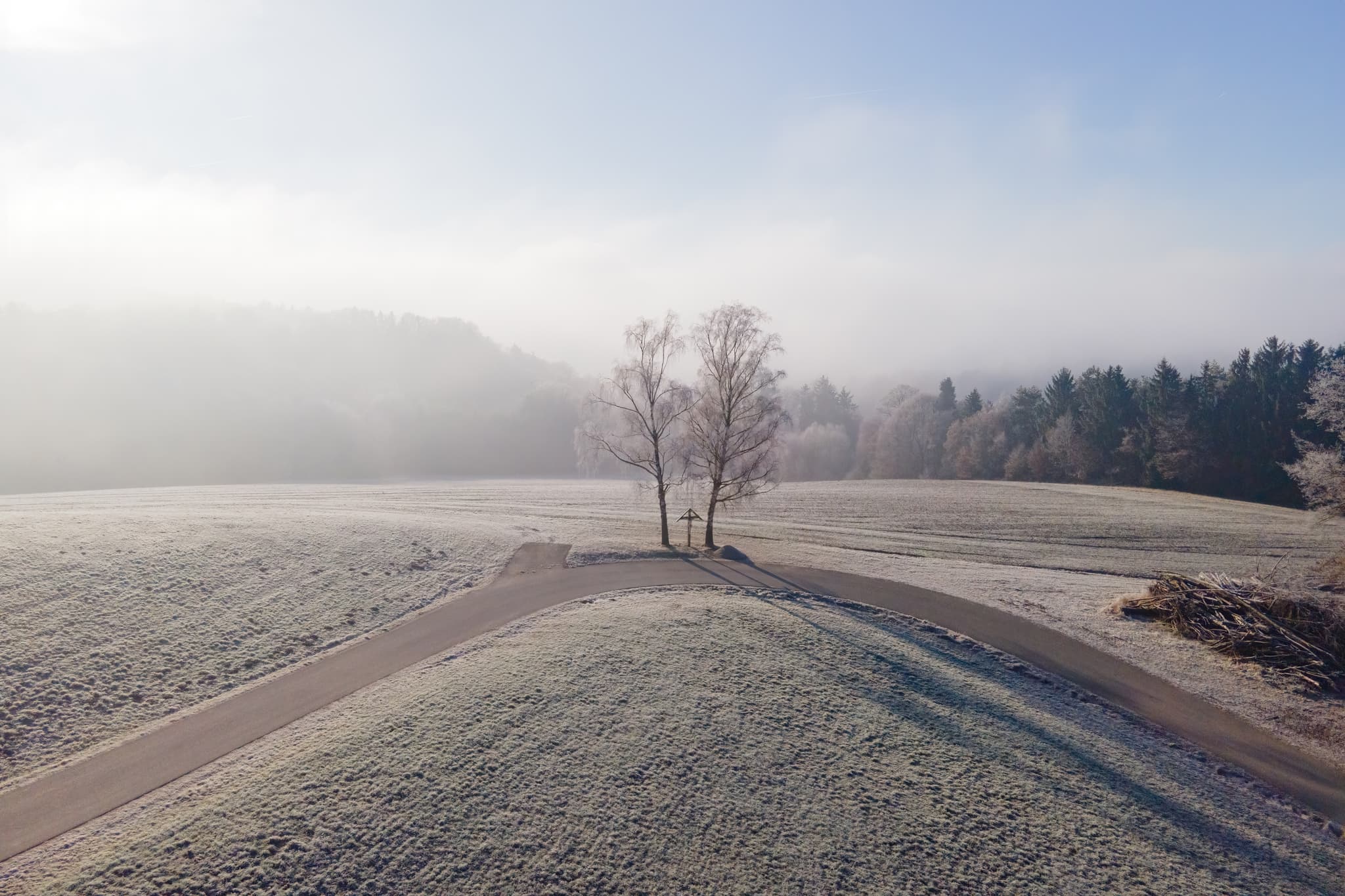 Wegkreuz in Friesing, Winterlandschaft Gemeinde Reischach, Landkreis Altötting, Oberbayern, Deutschland. Ein nebliger Weg führt zu zwei Bäumen an einem Wegkreuz
