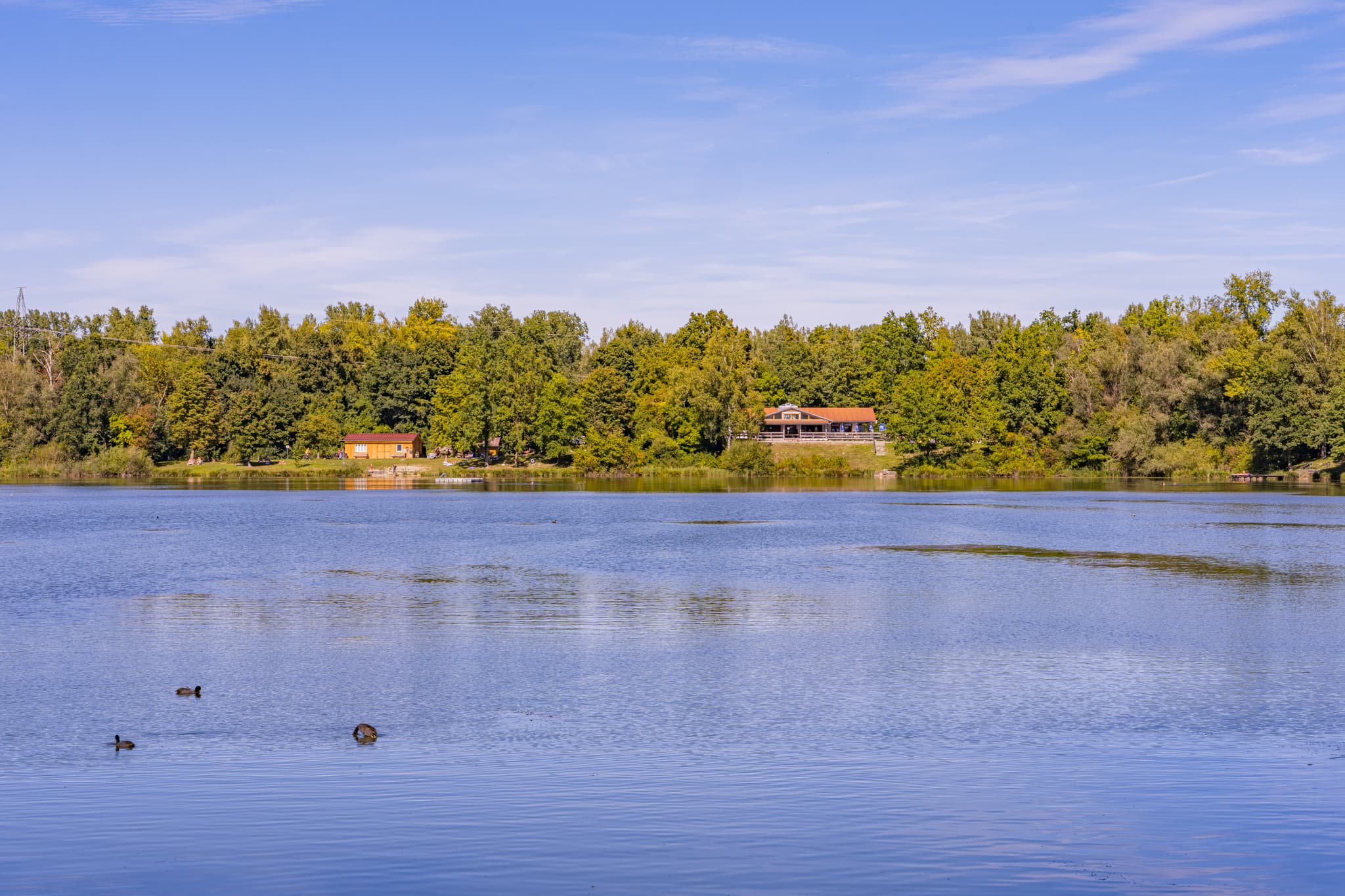 Badesee, Waldsee Lago bei Kirchdorf am Inn, Landkreis Rottal-Inn, Niederbayern. Blick auf das Gewässer im Bäderdreieck, Deutschland, mit Ufer und Enten.