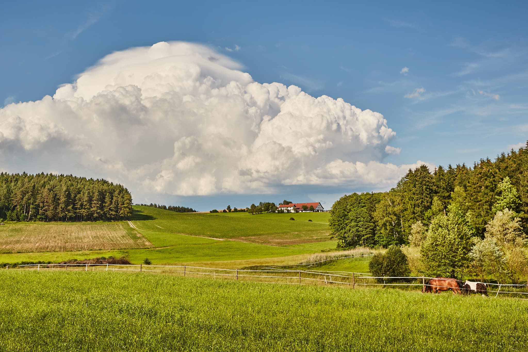 Große Wolke über den grünen Wiesen und Hügeln bei Weingarten, Reischach, Altötting. Eine friedliche Landschaft im Inn-Salzach Gebiet, Oberbayern, Deutschland.