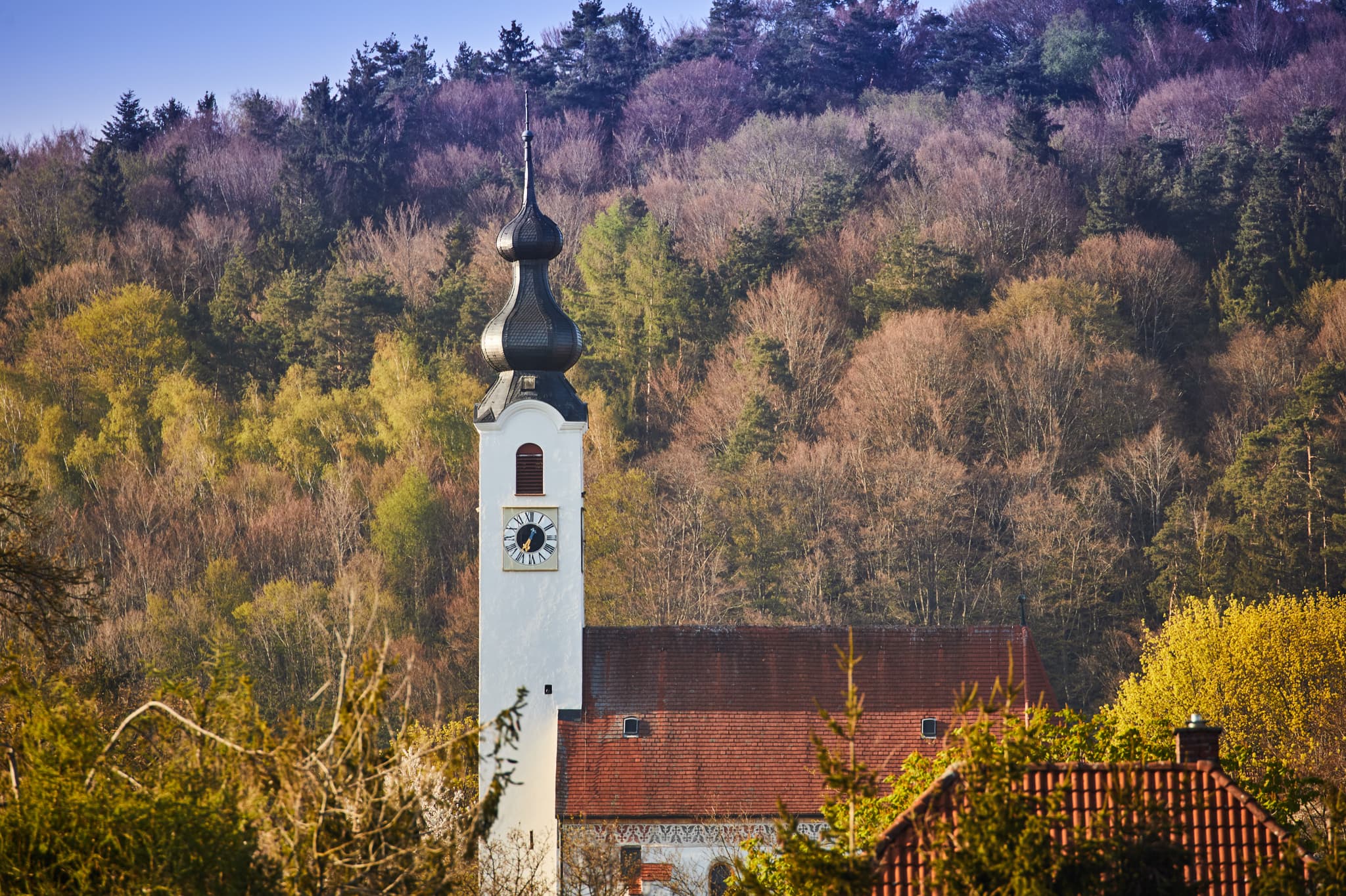 Die Pfarrkirche Mariä Himmelfahrt in Perach, Altötting, Oberbayern, Deutschland. Ein historisches Bauwerk in der Inn-Salzach Region, umgeben von Wald.