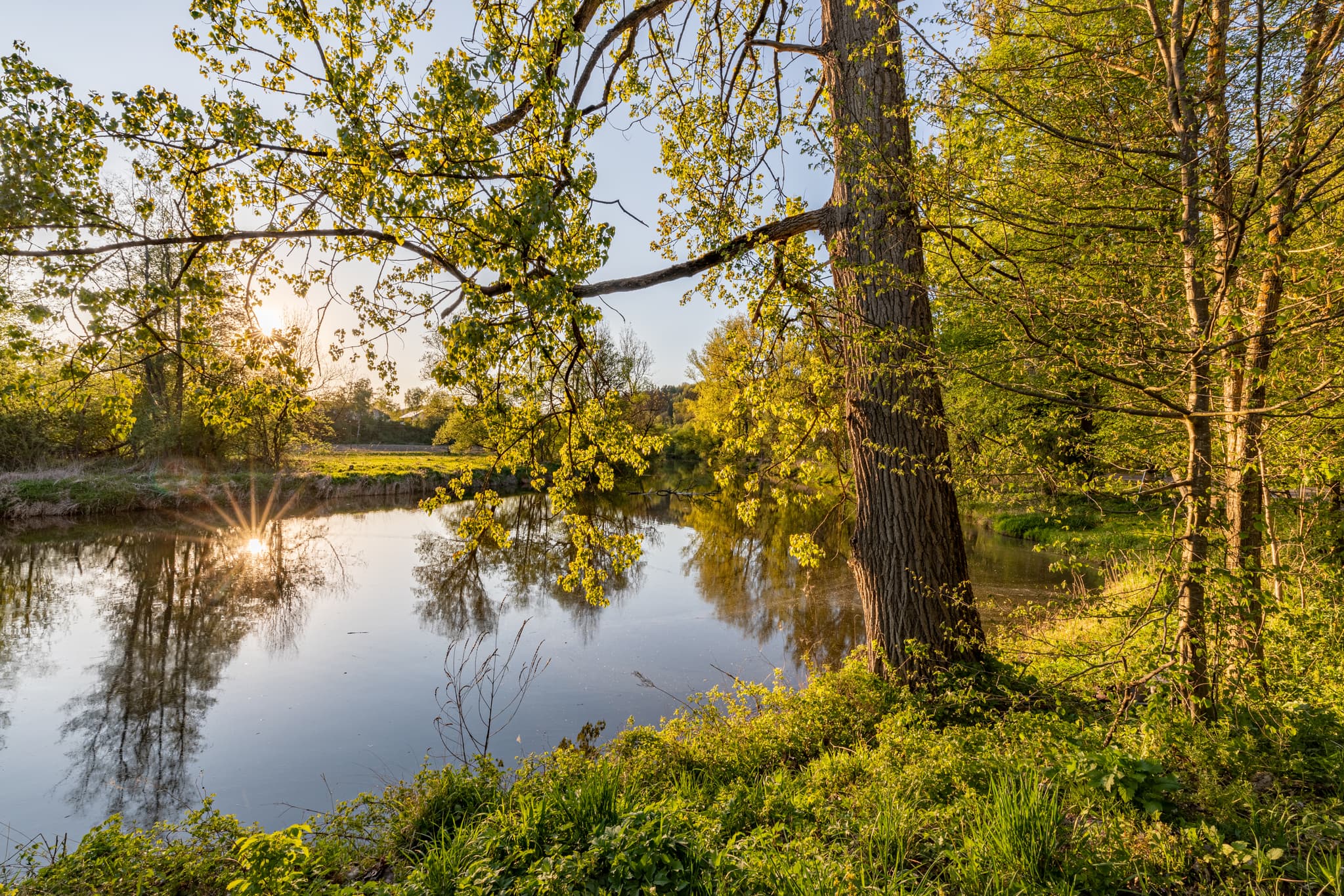Idyllische Landschaftsaufnahme der Isen in Aufham, Winhöring, Landkreis Altötting, Bayern, Deutschland. Malerische Flusslandschaft mit Bäumen im Sonnenlicht.