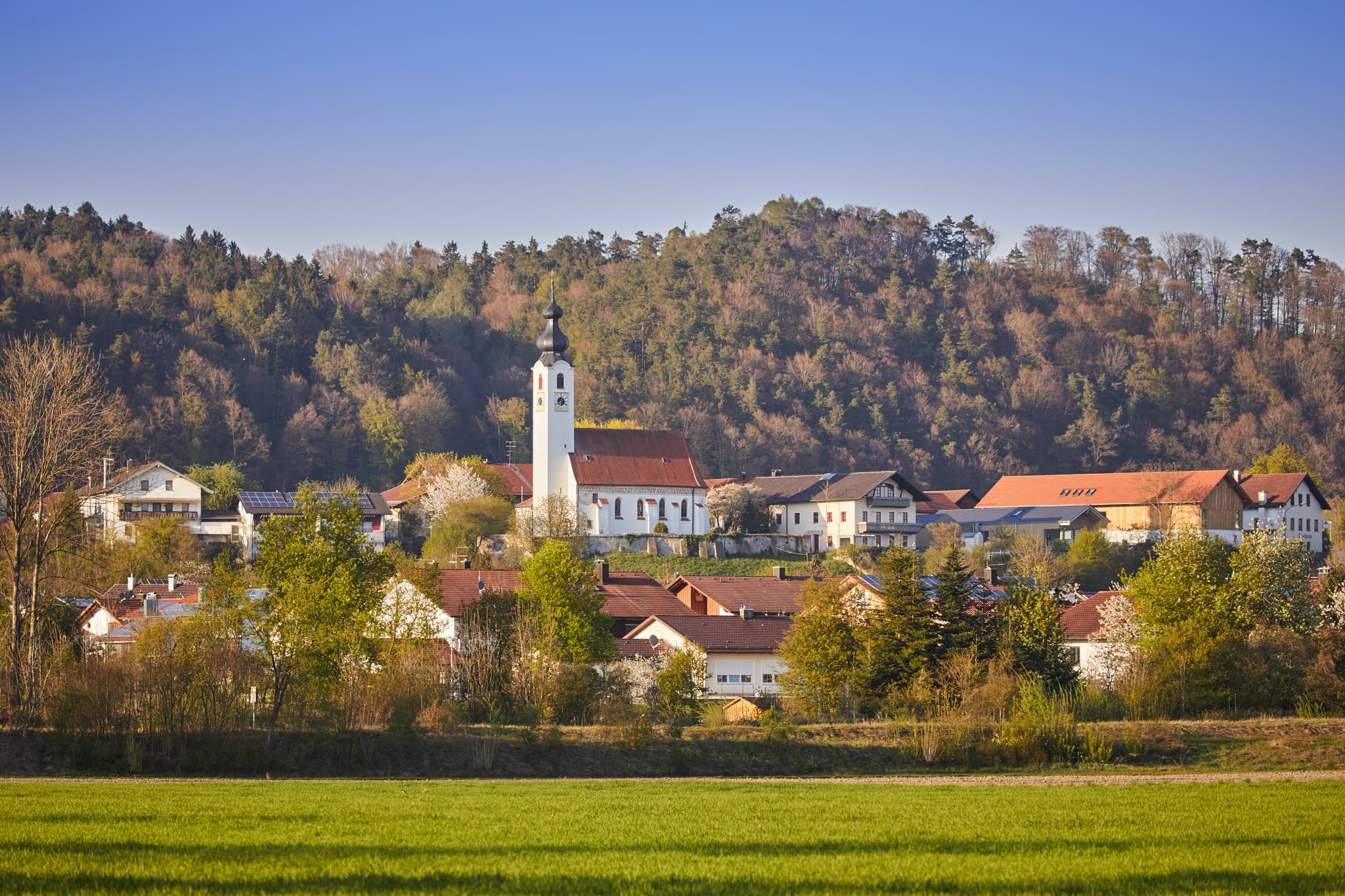 Pfarrkirche Mariä Himmelfahrt in Perach, Altötting, Oberbayern, Deutschland, Landschaft der Inn-Salzach Region. Sie ist umgeben von Feldern und Waldhügeln.