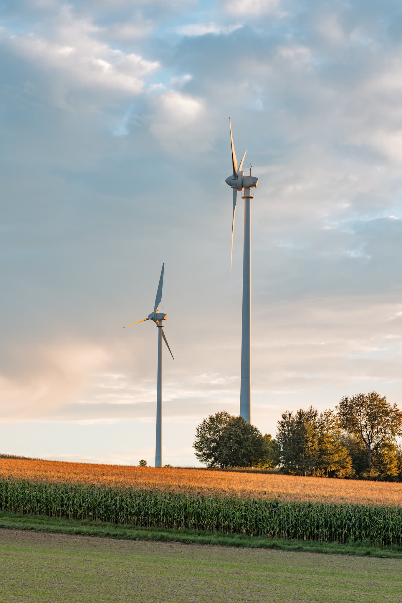 Windkraftanlagen bei Dirnaich, Gangkofen, Landkreis Rottal-Inn, Niederbayern. Ländliche Landschaft im Holzland, Deutschland. Energieerzeugung bei Dämmerung.