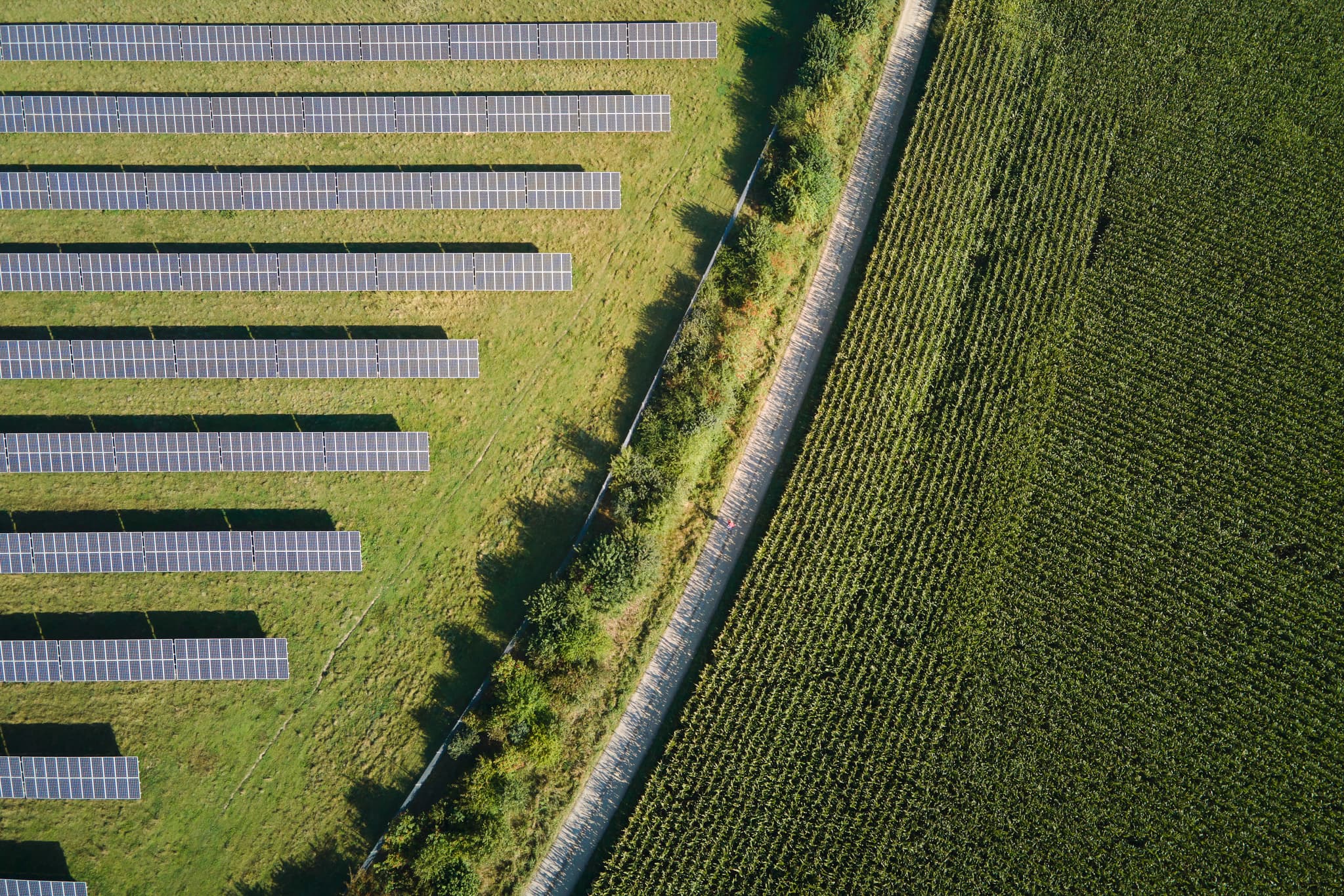 Luftaufnahme einer Solaranlage am St.-Rupert-Pilgerweg in Kastl, Landkreis Altötting, Oberbayern. Angrenzend an Feldweg und Maisfelder, Region Inn-Salzach.