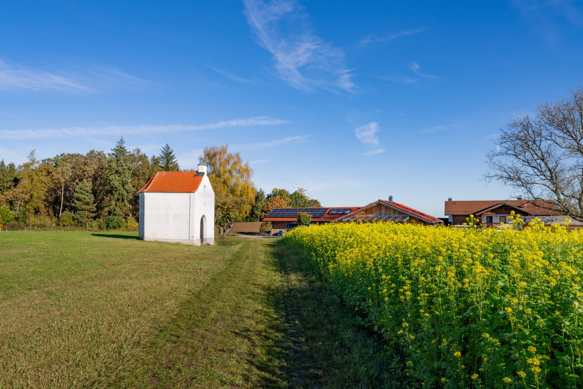Kreuzhäusl Kapelle in ländlicher Umgebung bei Wurmannsquick, Landkreis Rottal-Inn. In Niederbayern, Deutschland, umgeben von Wiesen und Bäumen im Holzland.