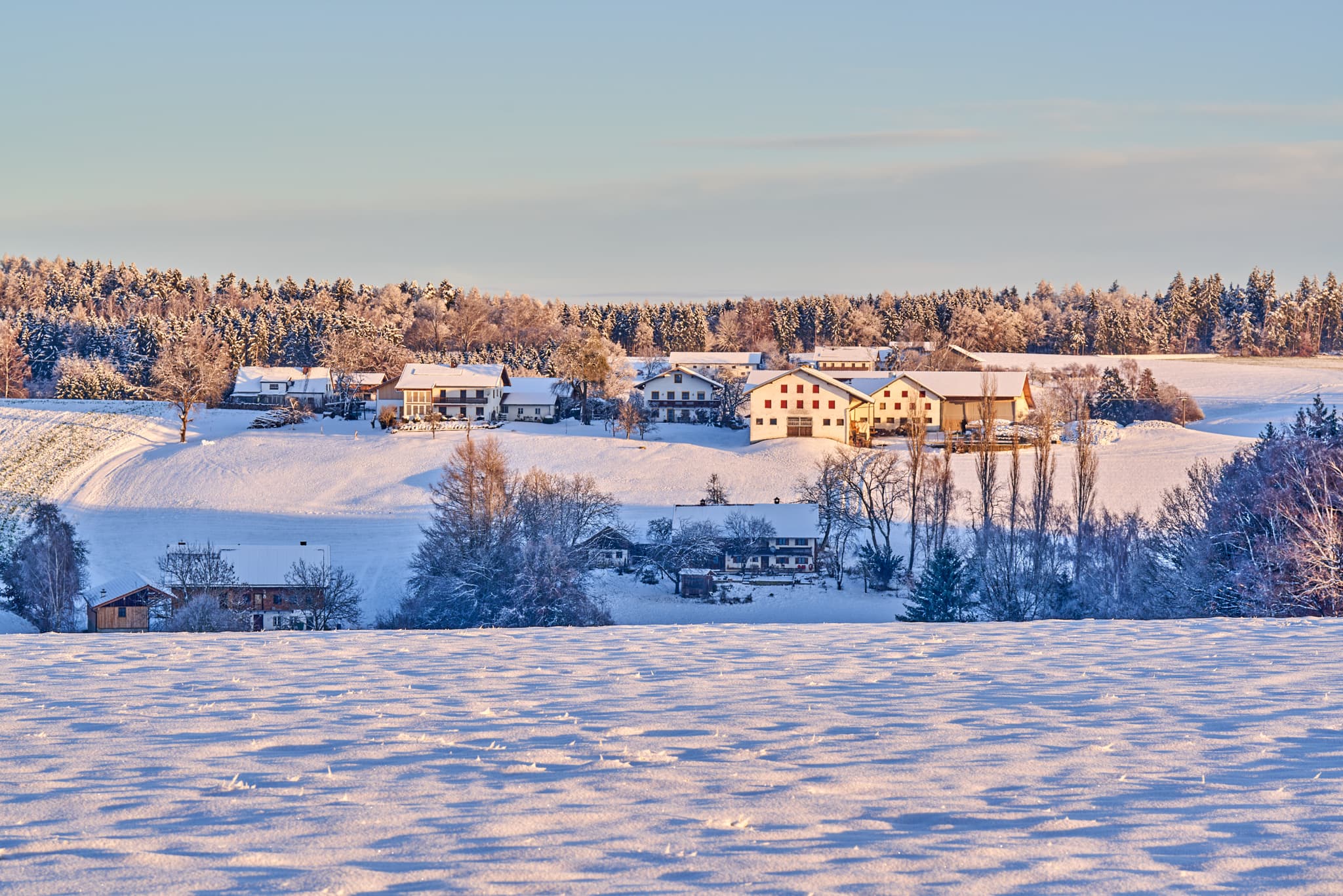 Verschneite Winterlandschaft zeigt Gehöfte im Holzland von Wald bei Winhöring, Näglstall in Pleiskirchen, Altötting, Oberbayern, Inn-Salzach, Deutschland.