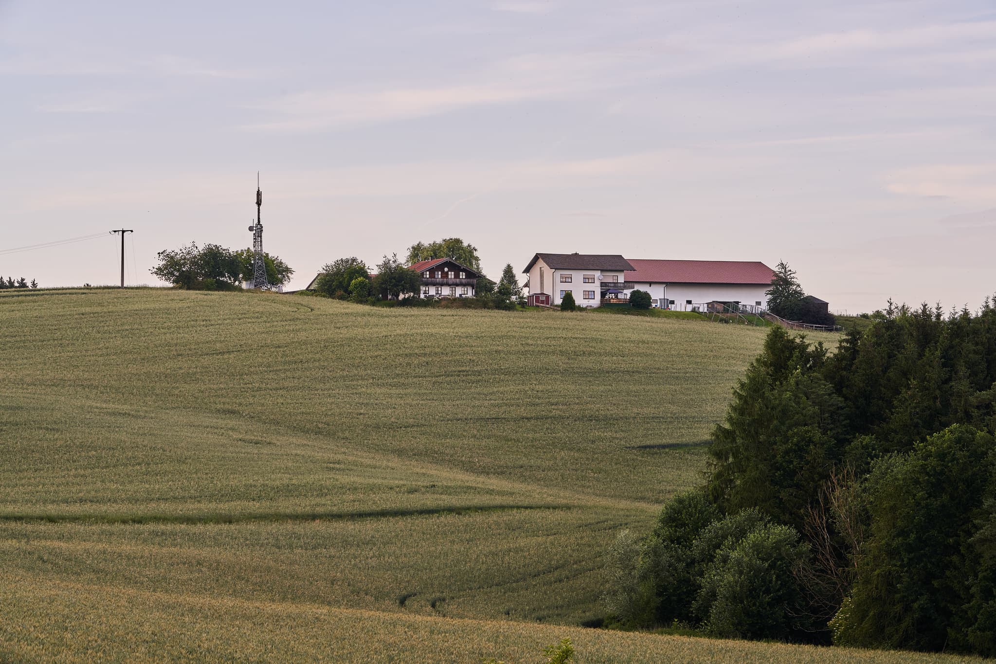 Landschaftsaufnahme aus Reischach im Altötting, Oberbayern, Inn-Salzach, Deutschland. Das Bild zeigt einen Blick von Großillenberg nach Wipfelsberg.
