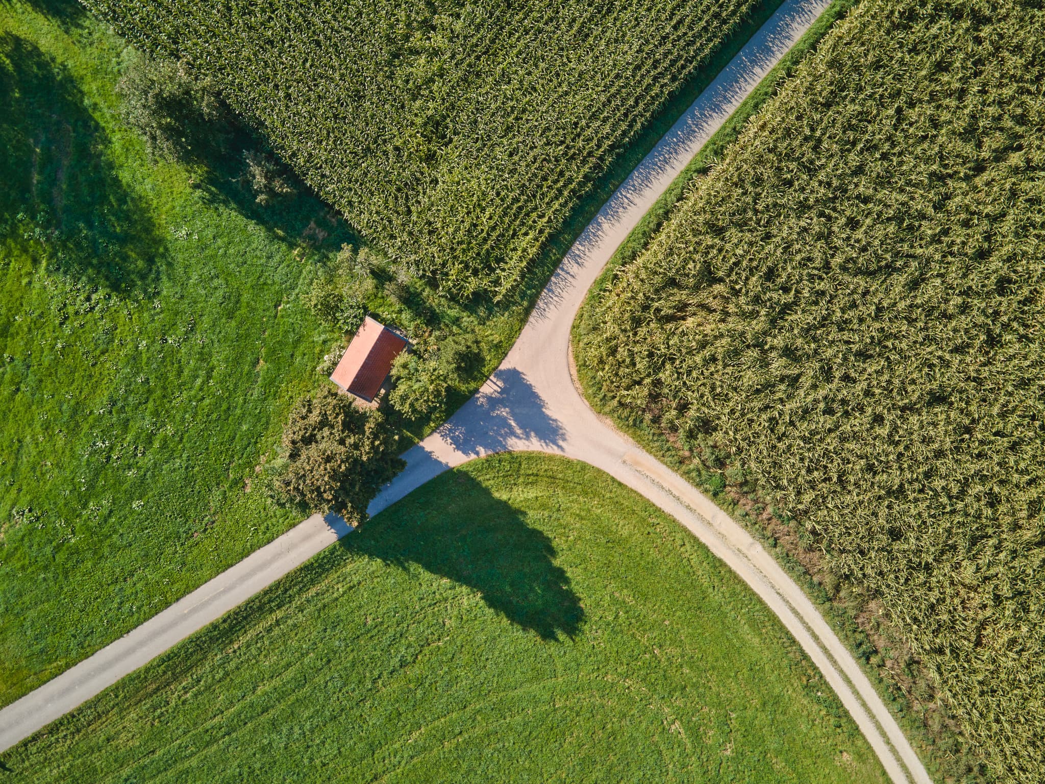 Kapelle in Reit, ländliche Abzweigung mit Feldwegen, umgeben von grünen Wiesen und Äckern in Kastl, Landkreis Altötting, Oberbayern.